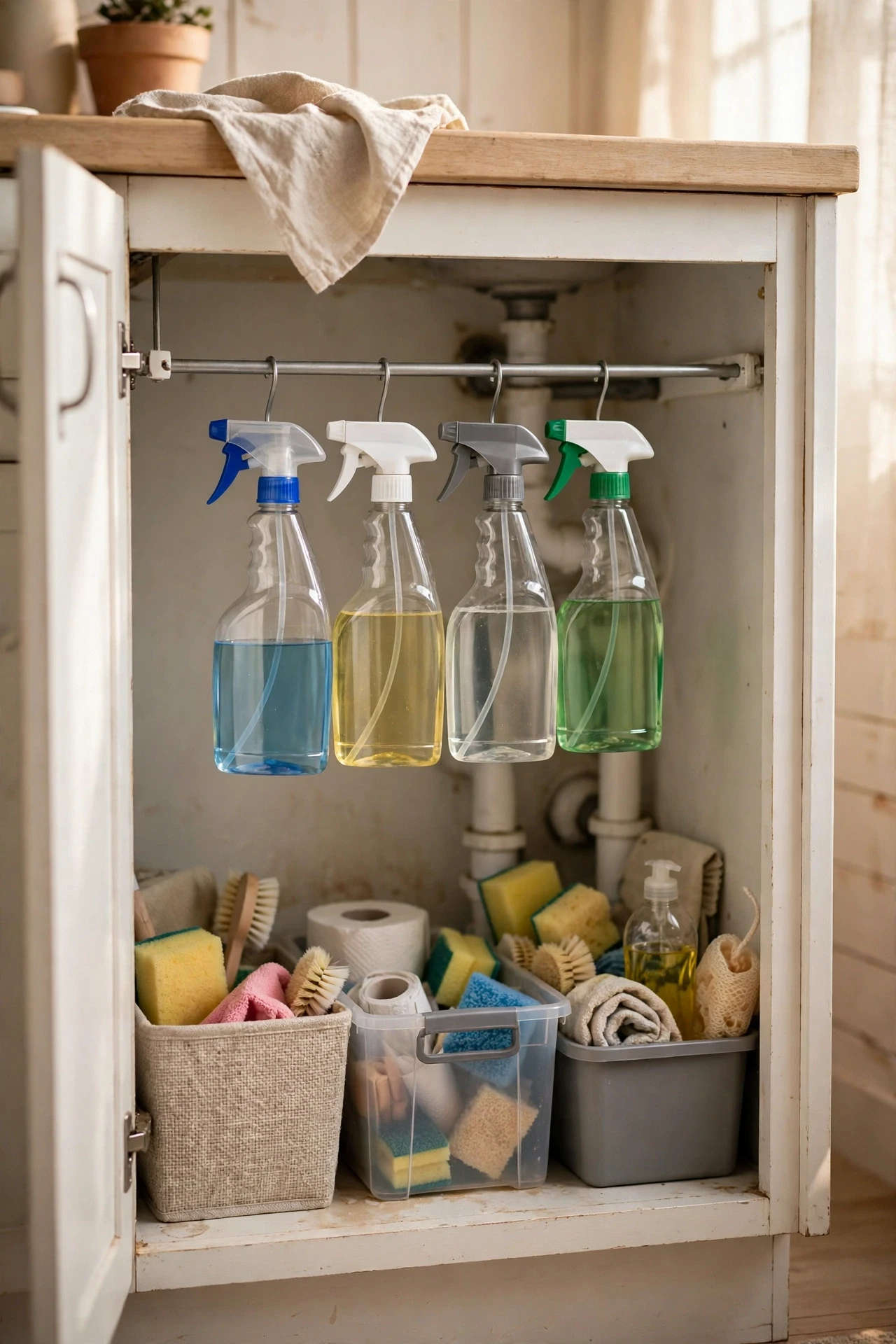 Under-sink cabinet with a tension rod holding hanging spray bottles