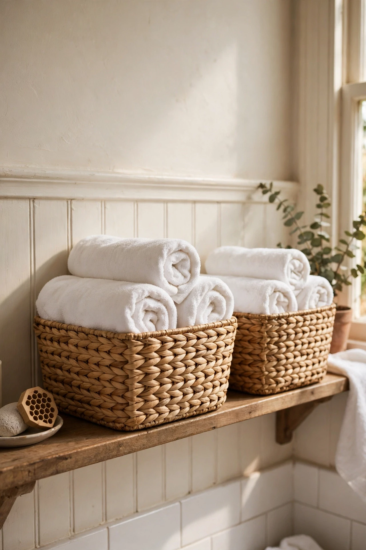 Rolled white towels stored in woven seagrass baskets in a bathroom