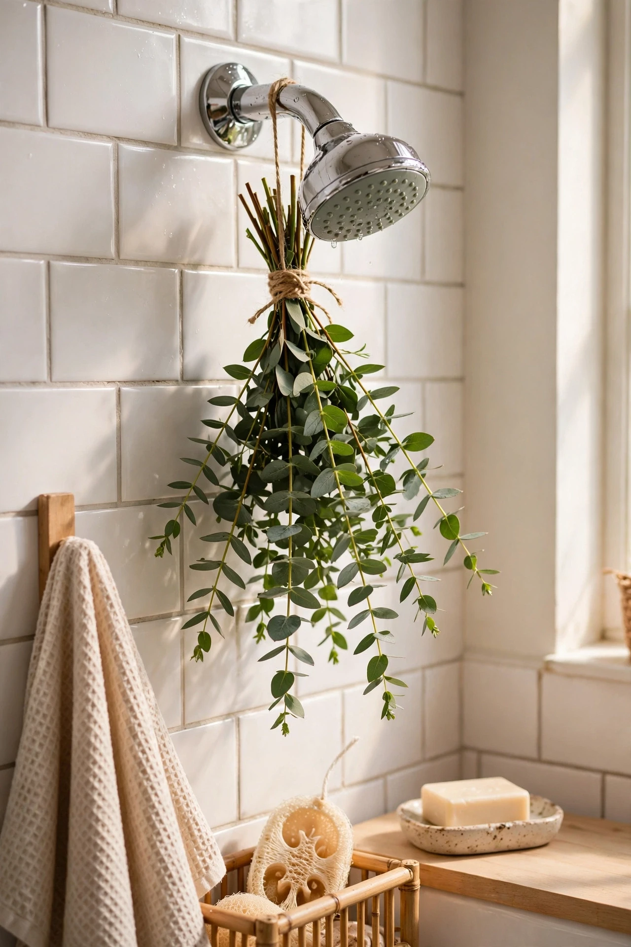 Fresh eucalyptus bundle tied to a showerhead in a bright bathroom