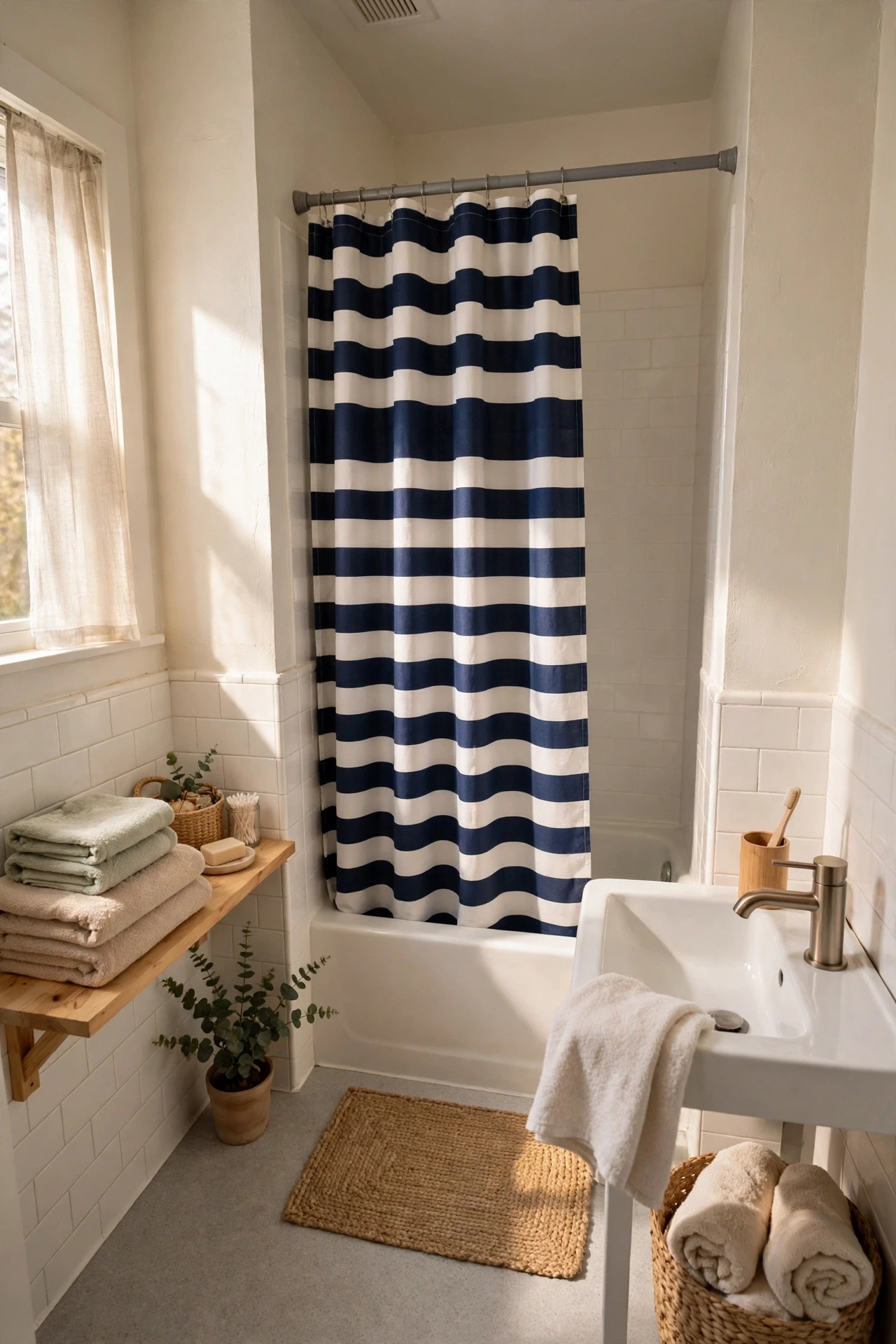 Small bathroom with a bold striped shower curtain and matching towels
