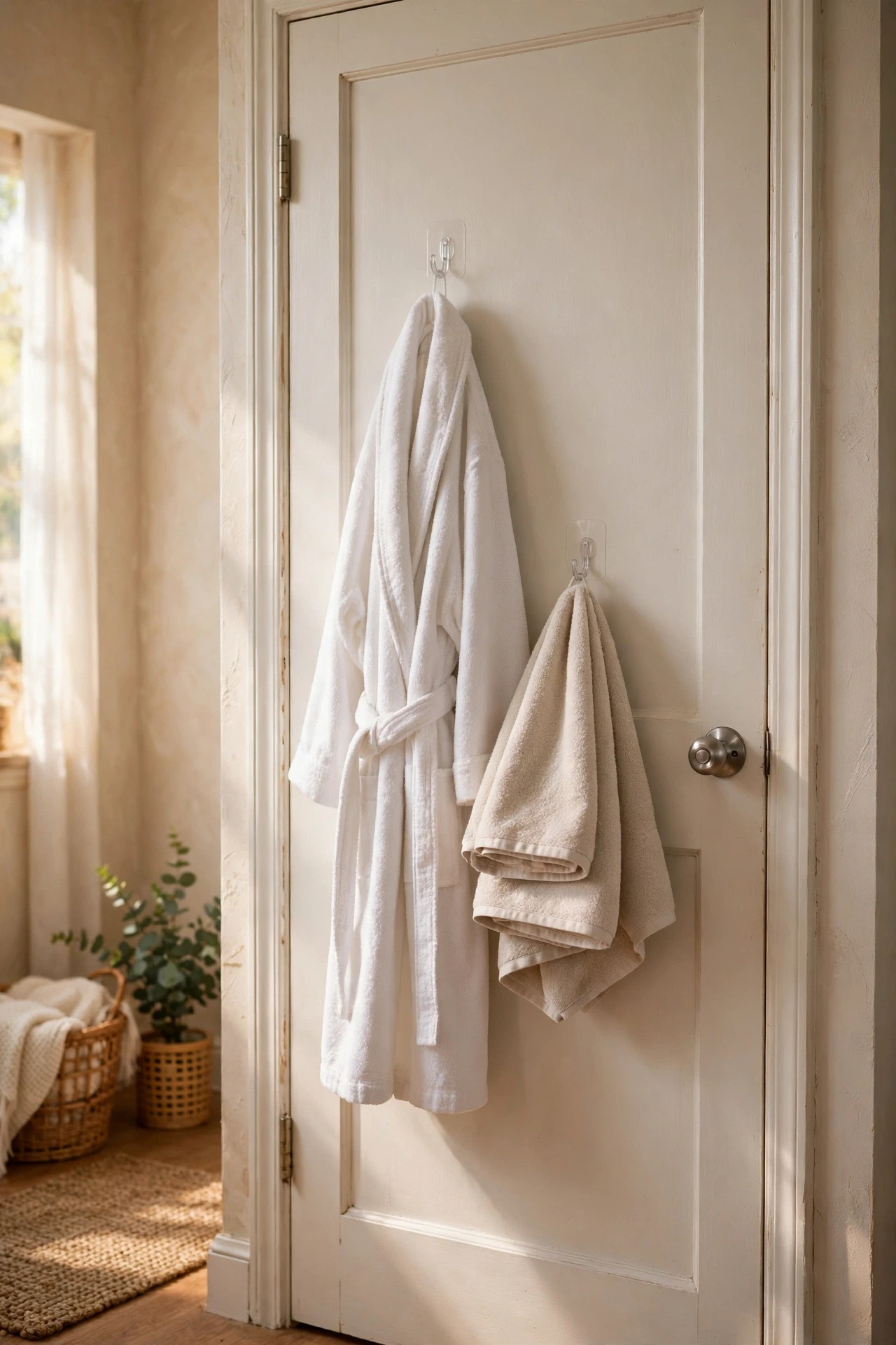 Adhesive hooks on a bathroom door holding a robe and towels
