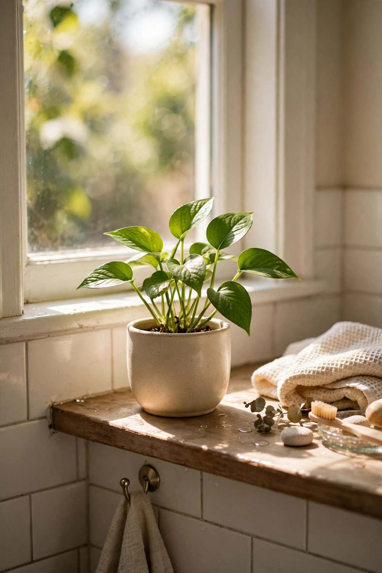 Small potted pothos plant on a bright bathroom windowsill