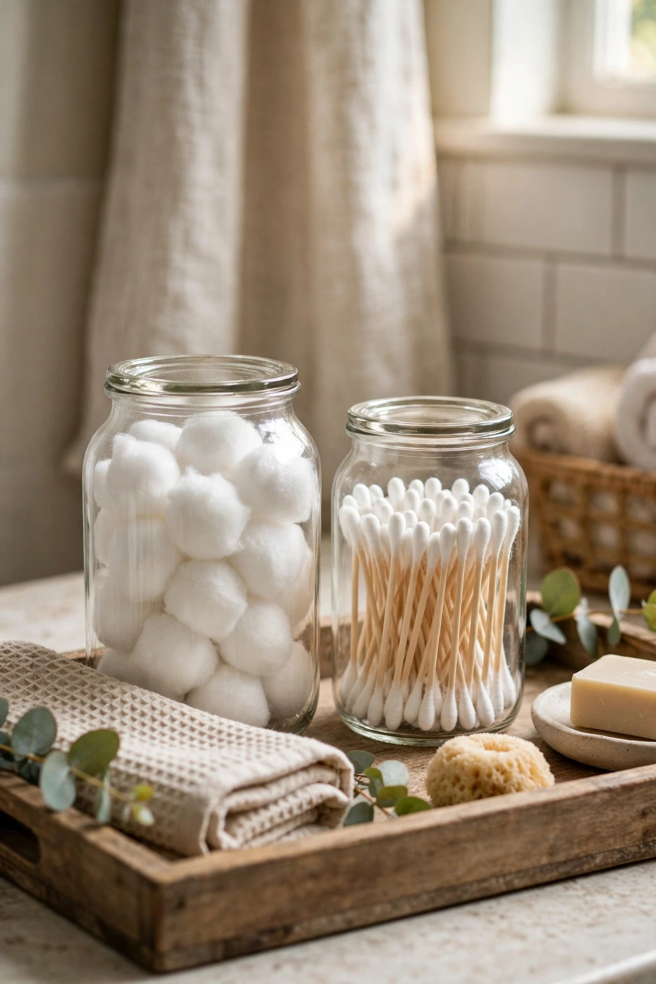 Glass jars filled with cotton balls and swabs on a bathroom tray