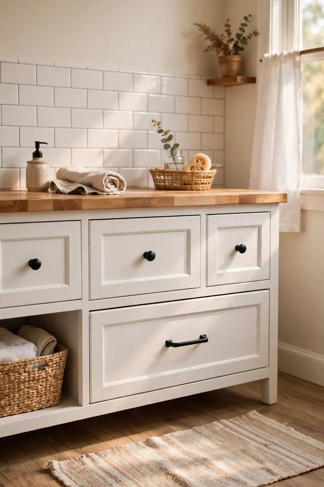 White bathroom vanity with new matte black knobs and pulls