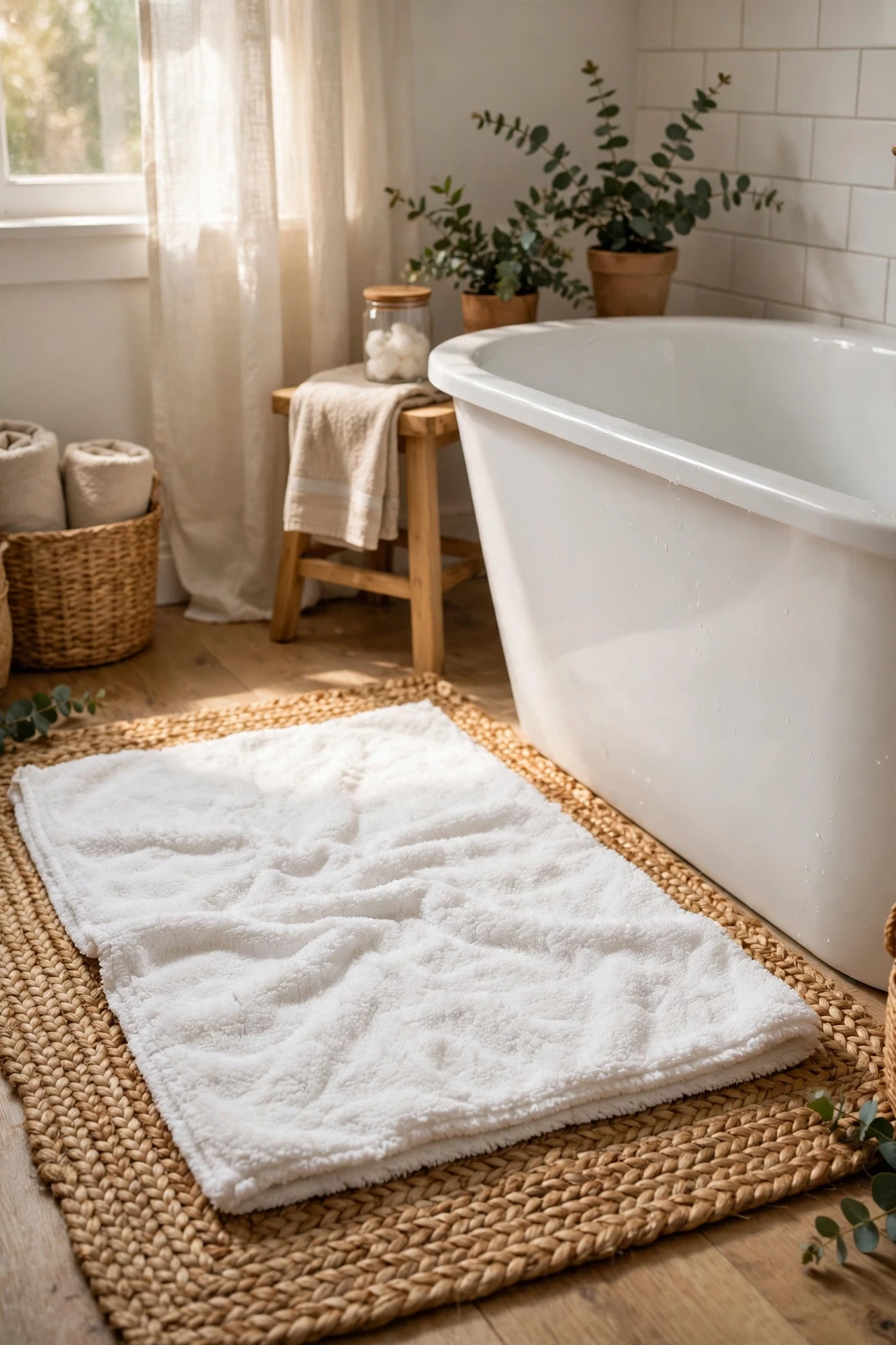Layered bath mat over a woven rug beside a bathtub