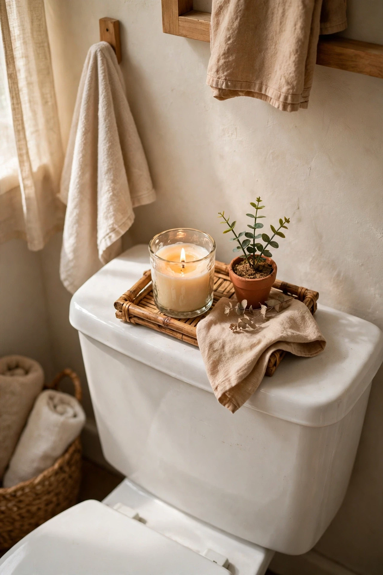 Small tray with a candle and plant styled on a toilet tank