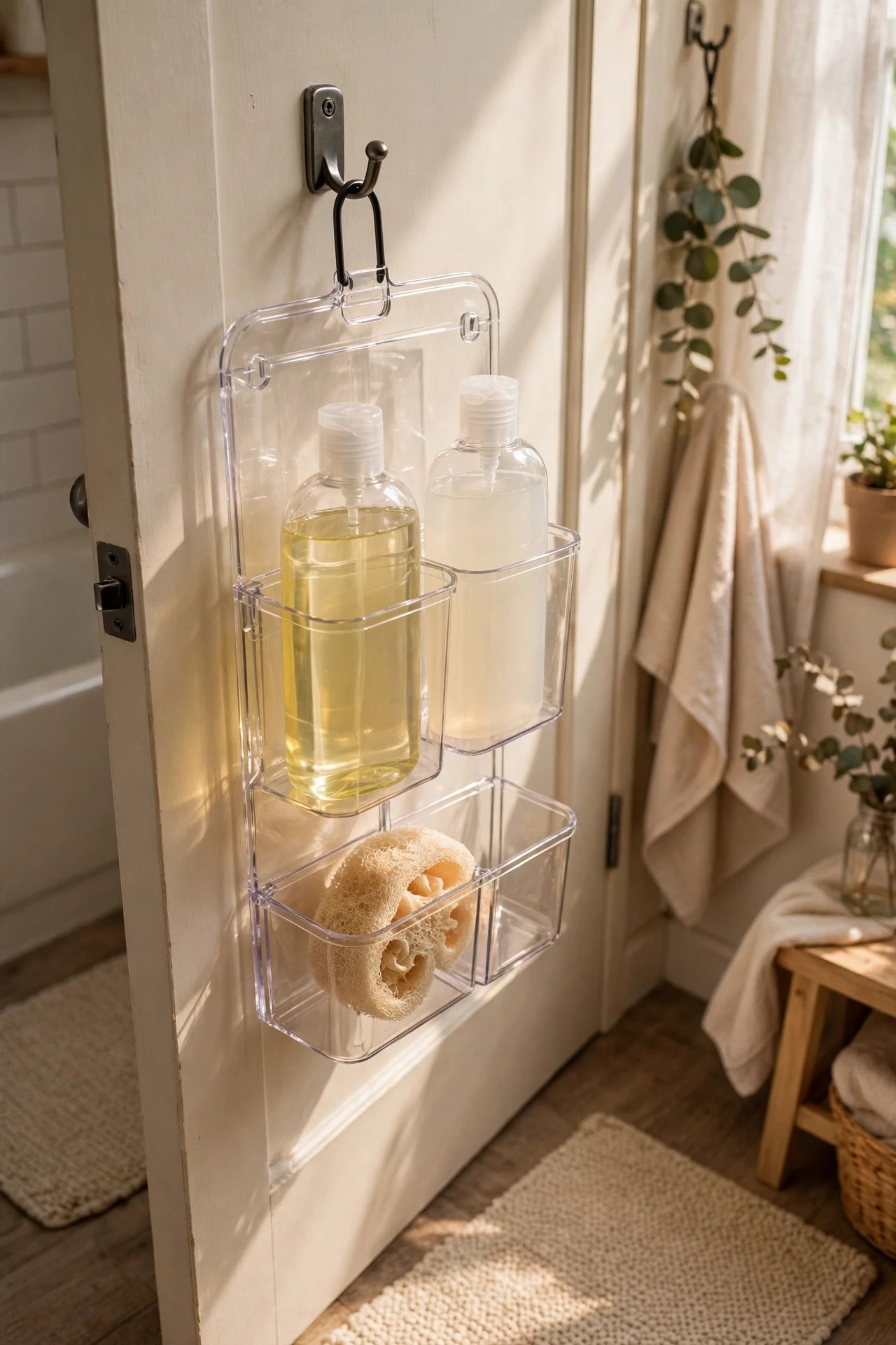 Clear over-the-door shower caddy with shampoo and conditioner bottles