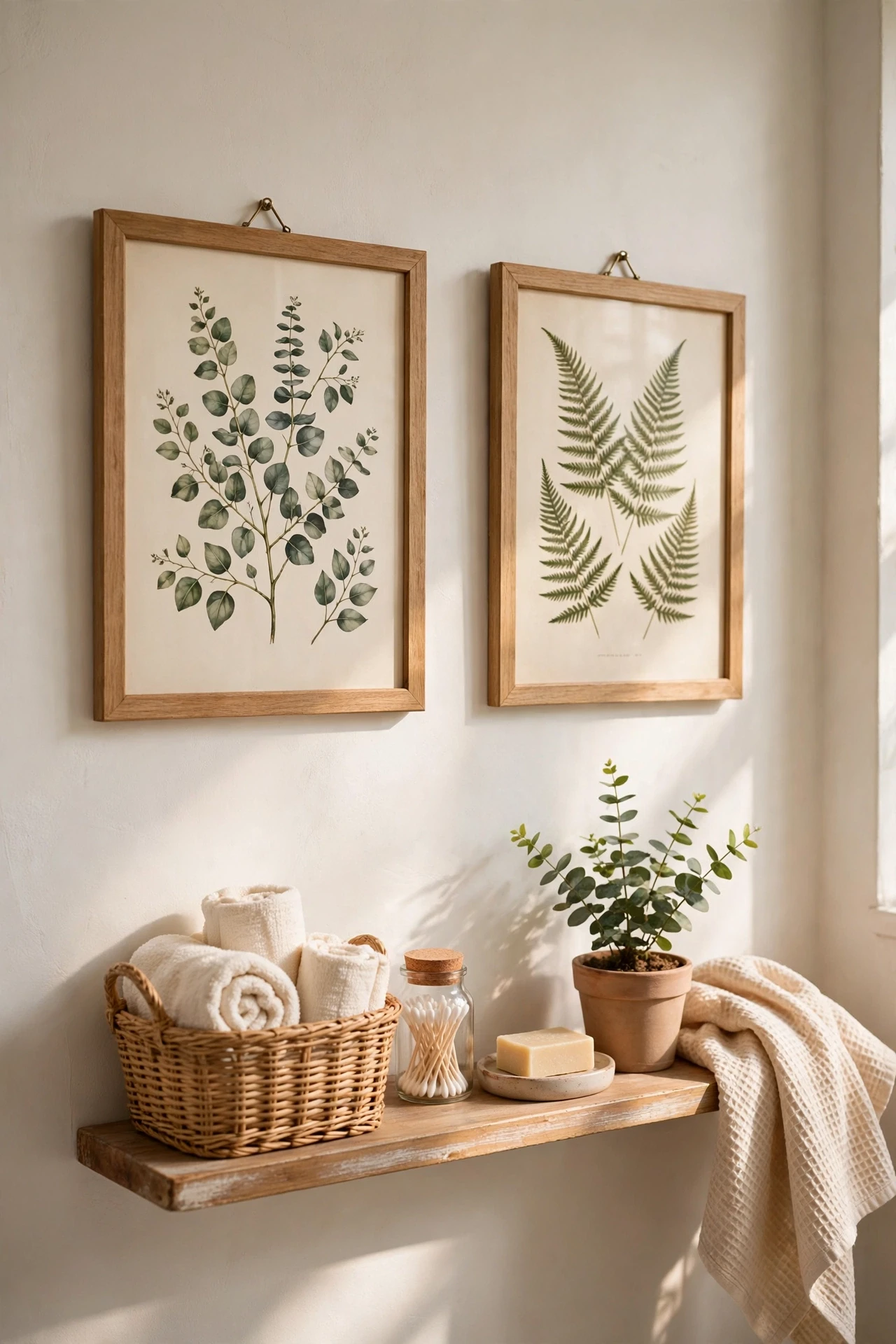 Framed botanical prints hanging on a small bathroom wall