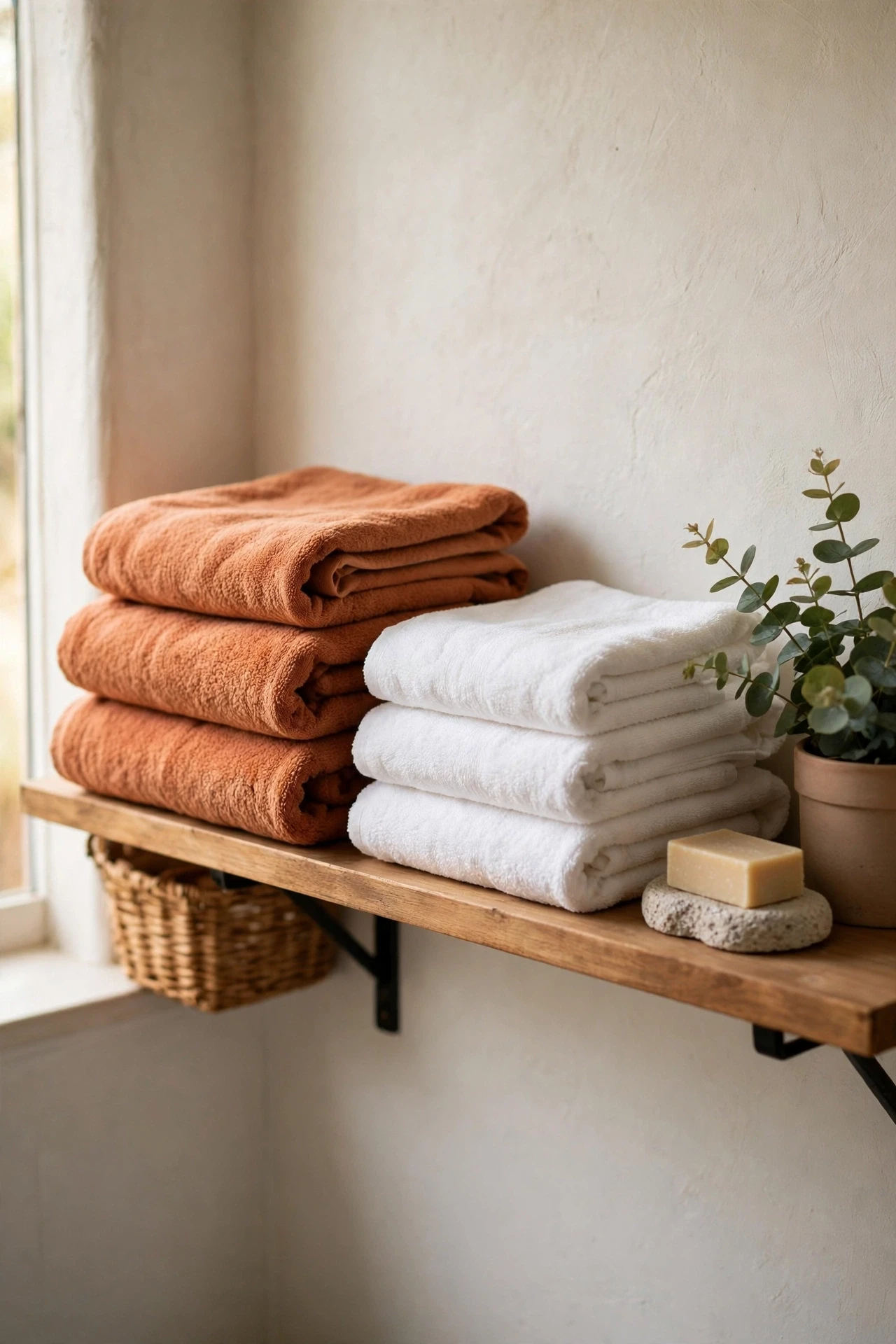 Folded terracotta hand towels stacked on a bathroom shelf