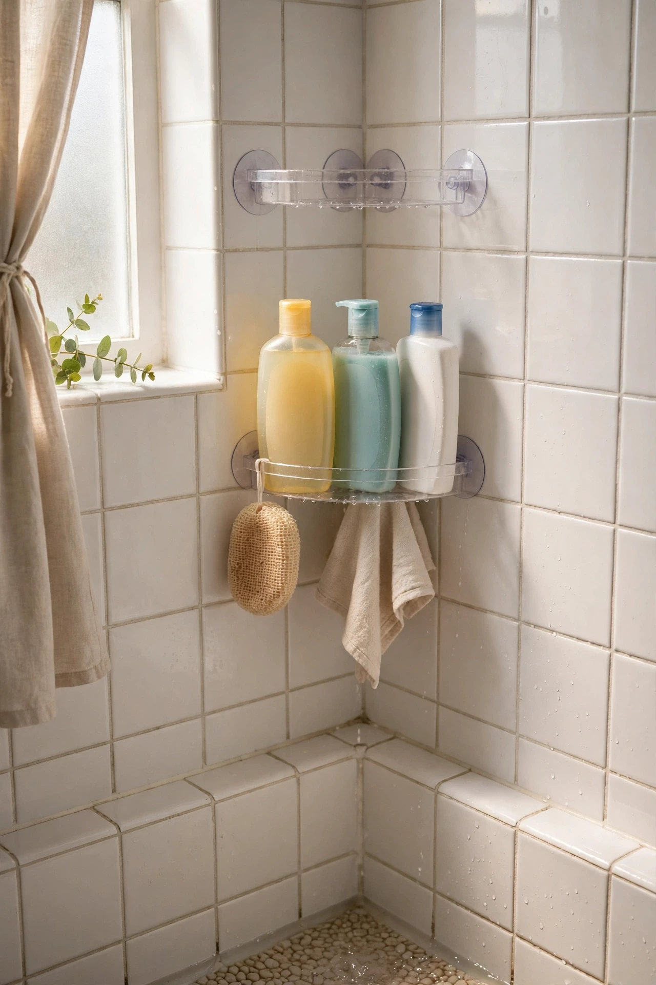 Suction-cup corner shelf with shower bottles in a tiled shower
