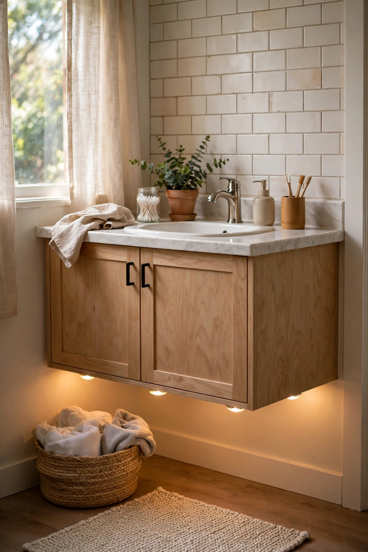 Warm LED puck lights glowing under a bathroom vanity at night