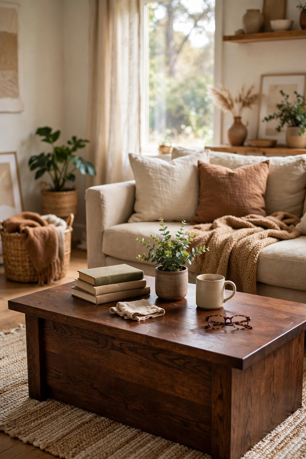 Refinished solid wood thrifted coffee table with walnut stain in a living room