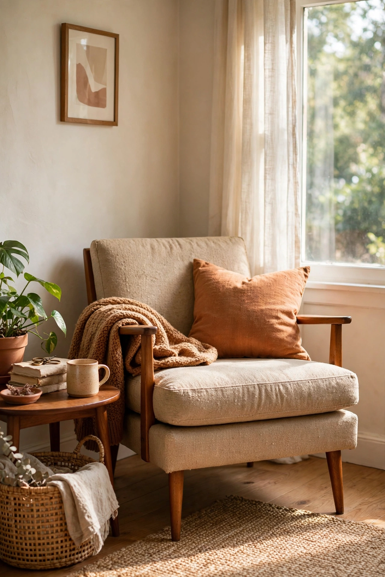 Thrifted mid-century armchair recovered in neutral upholstery fabric