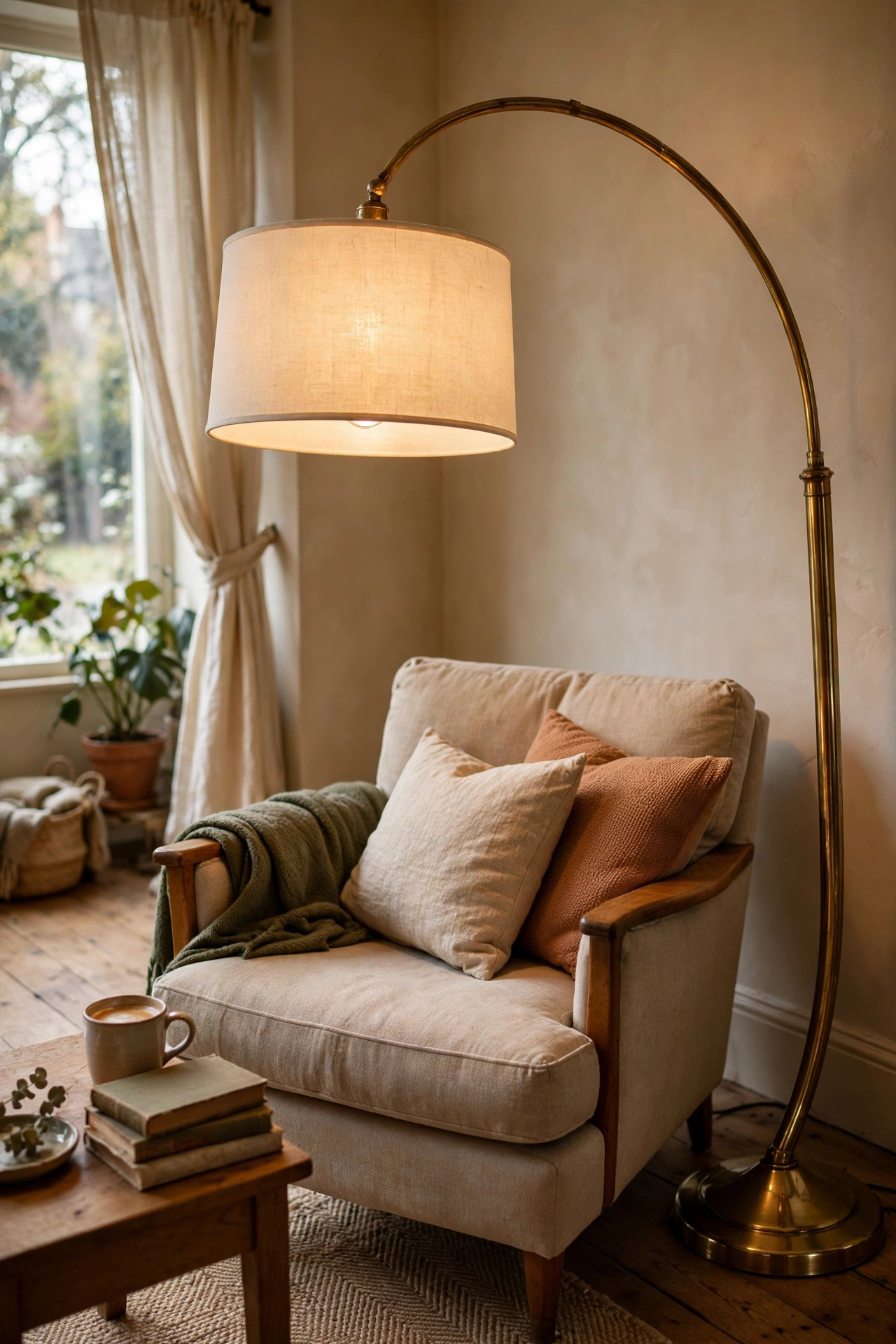 Vintage brass floor lamp with a new linen shade beside a reading chair