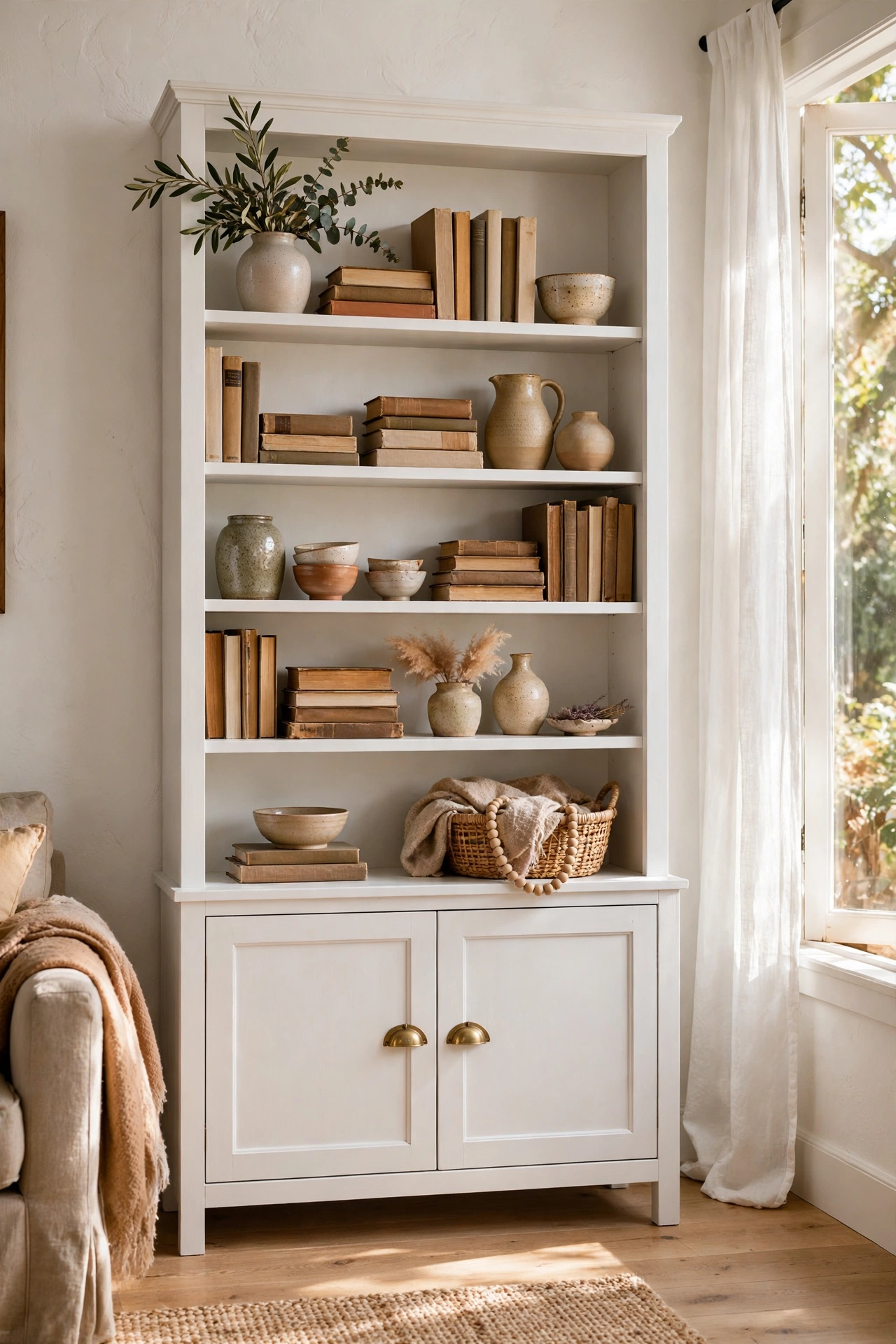 Thrifted solid wood bookshelf painted soft white with brass cup pulls