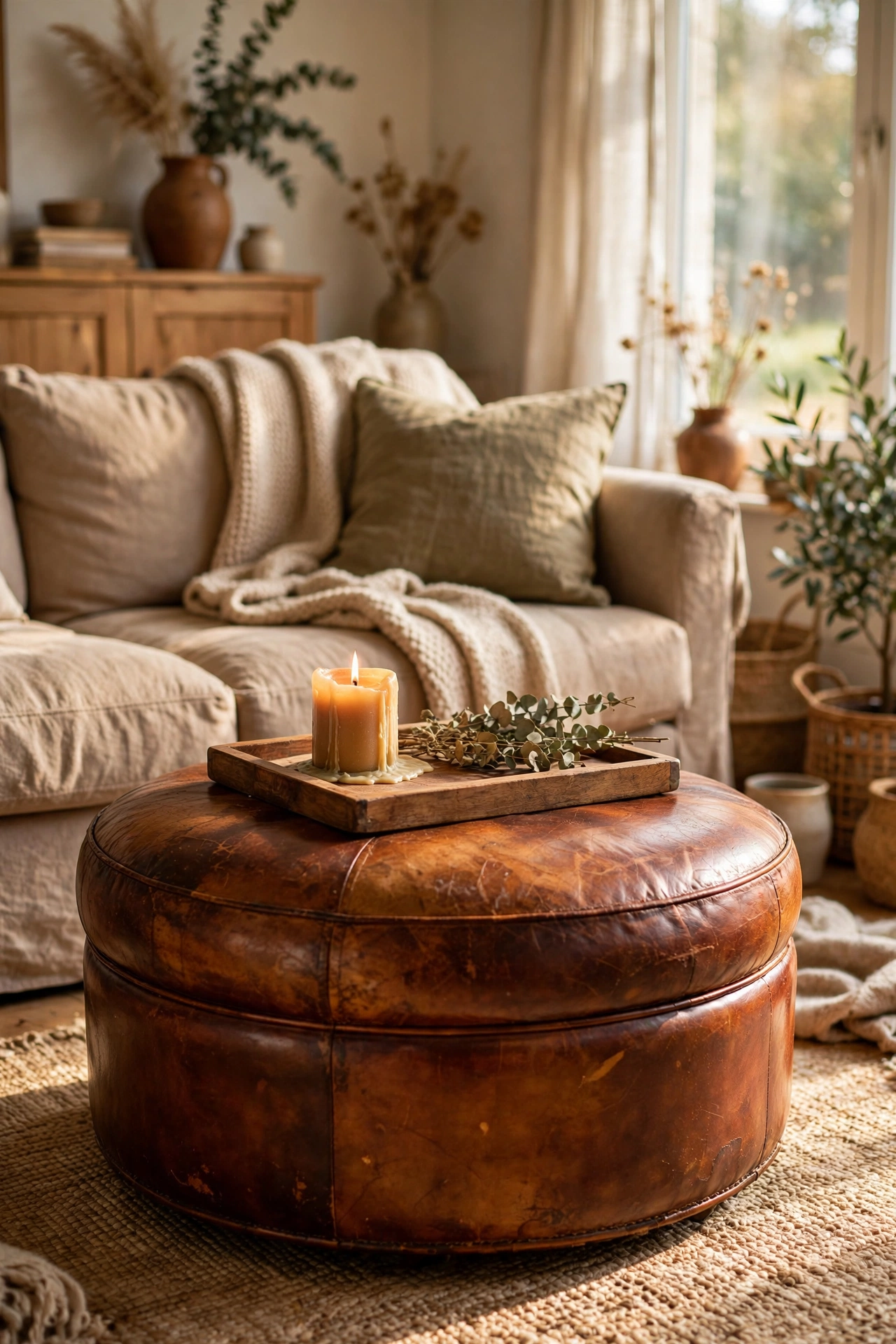 Thrifted leather ottoman restored with conditioner in a living room