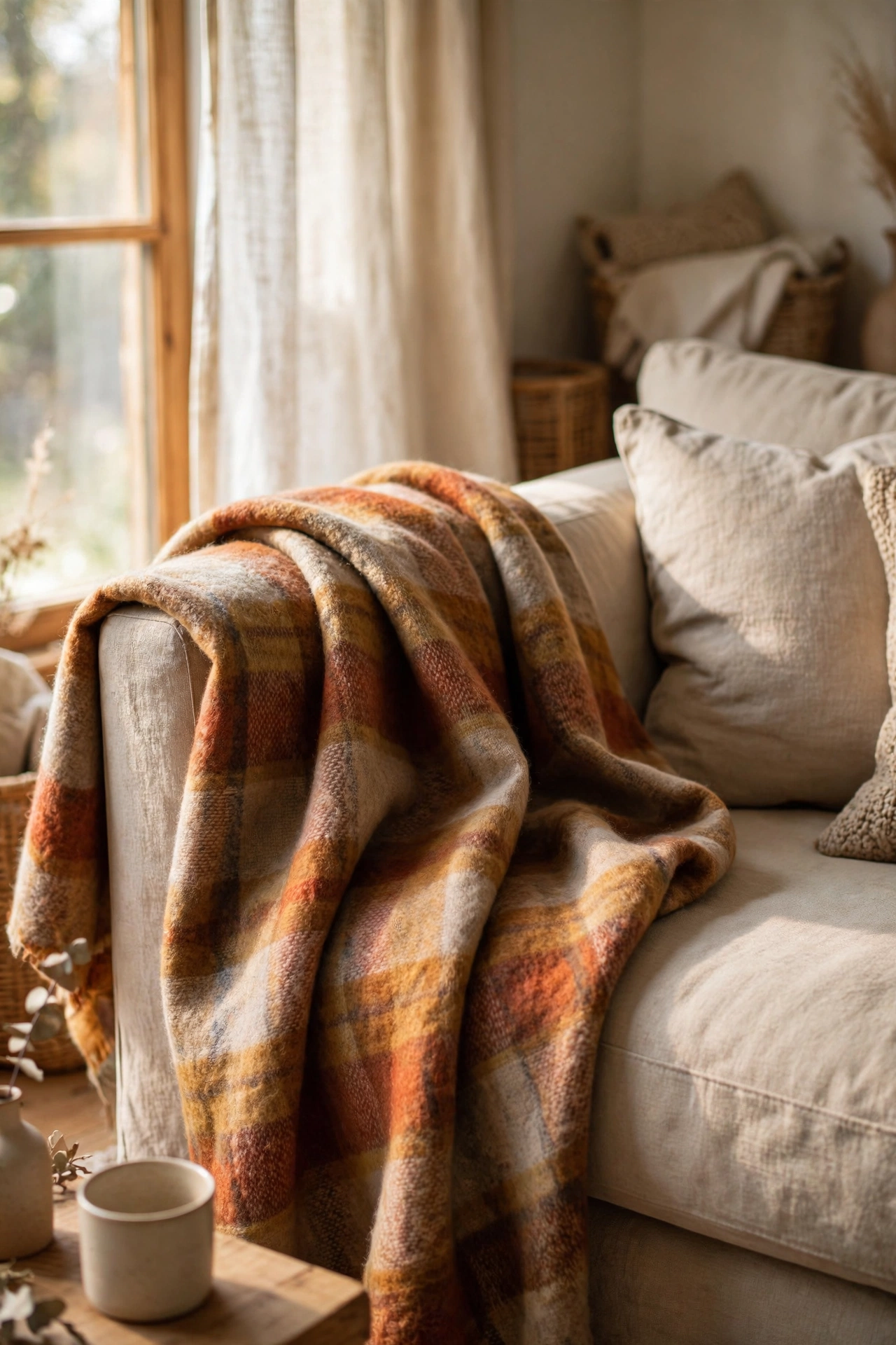 Thrifted pure wool throw blanket draped over a sofa arm
