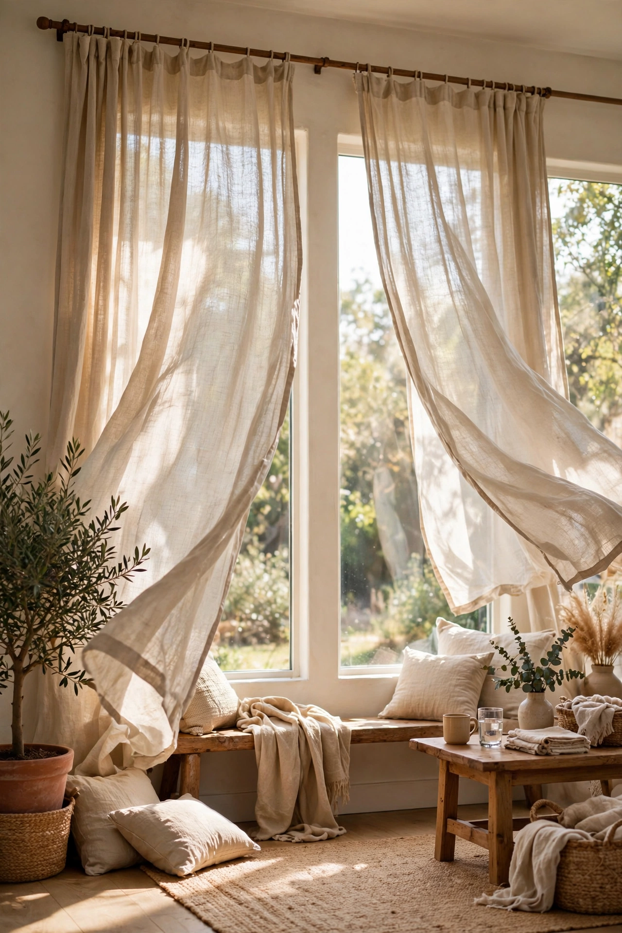 Thrifted linen curtain panels hung high and wide on living room windows