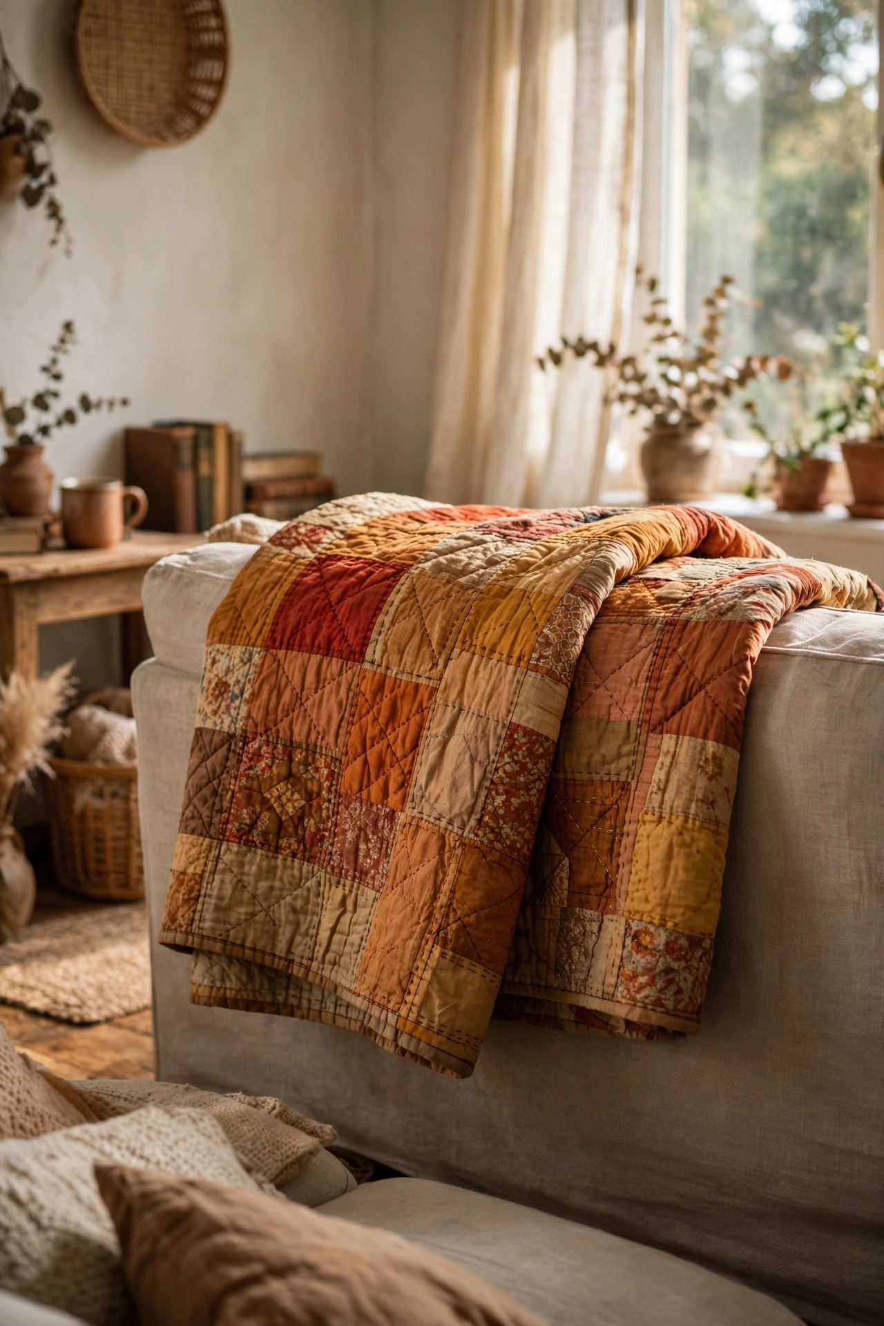 Hand-quilted vintage throw folded over the back of a neutral sofa