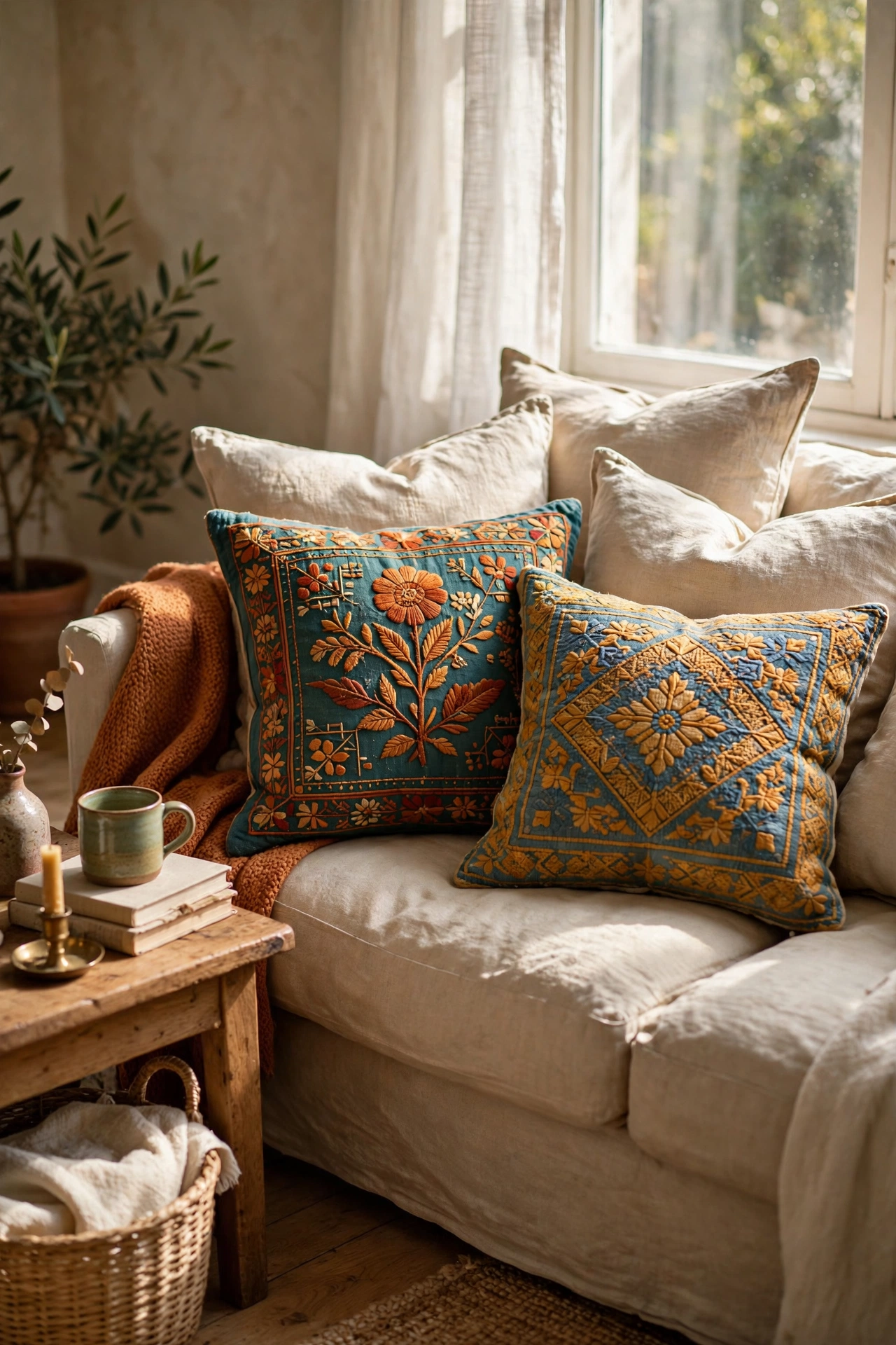 Embroidered thrifted pillow covers mixed with plain pillows on a sofa