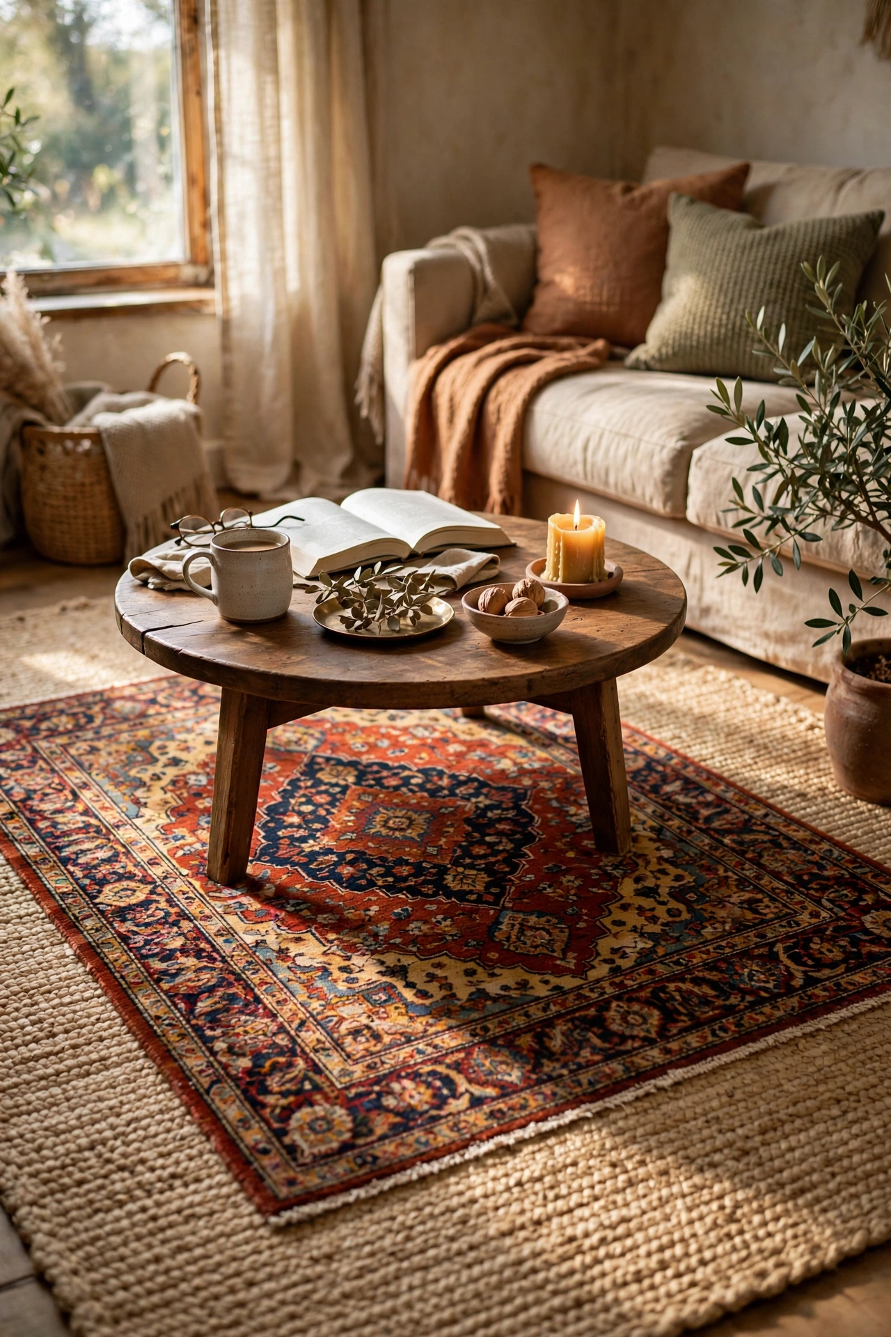 Thrifted Persian-style wool rug layered in a living room seating area