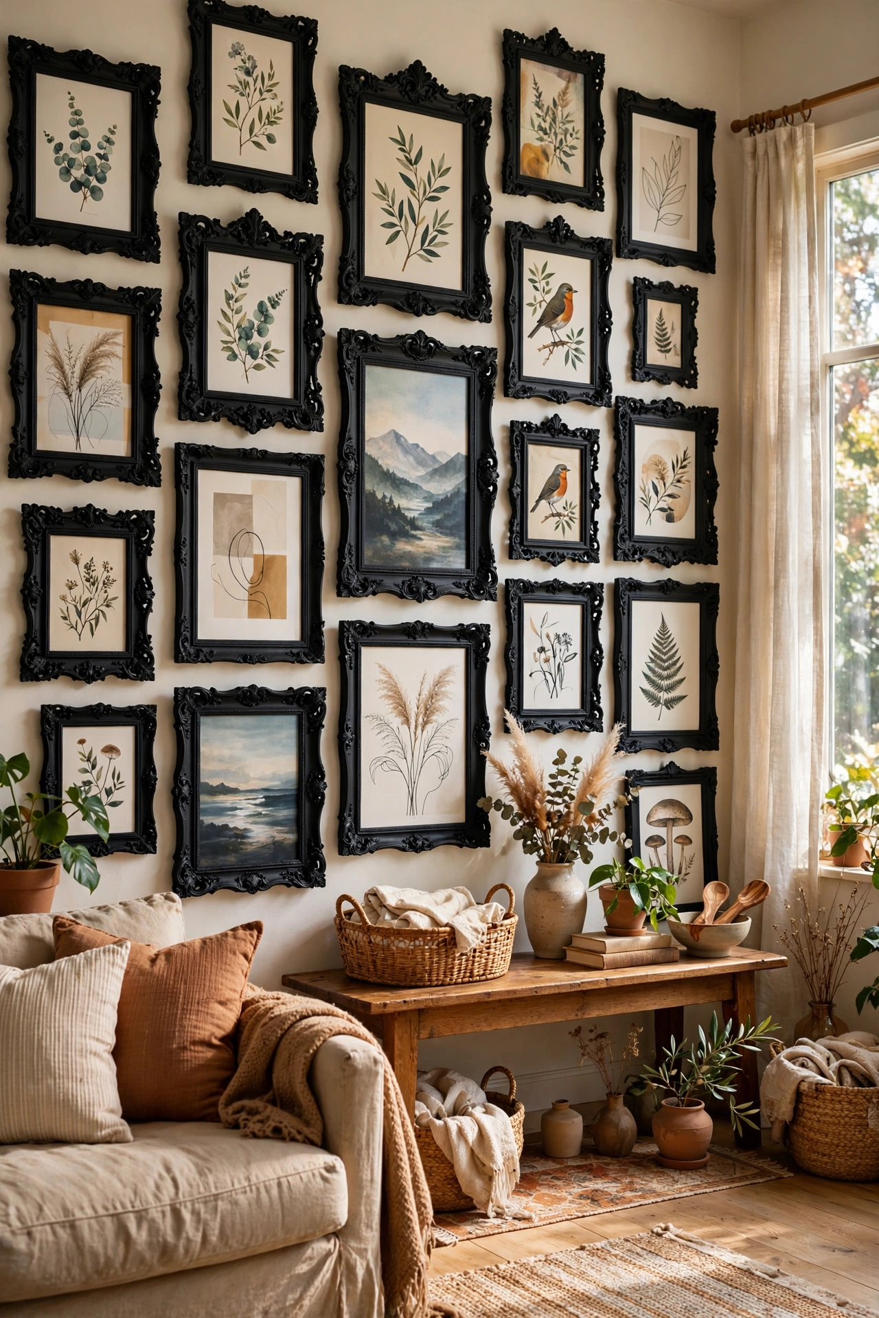 Gallery wall of thrifted ornate frames spray-painted matte black with art prints