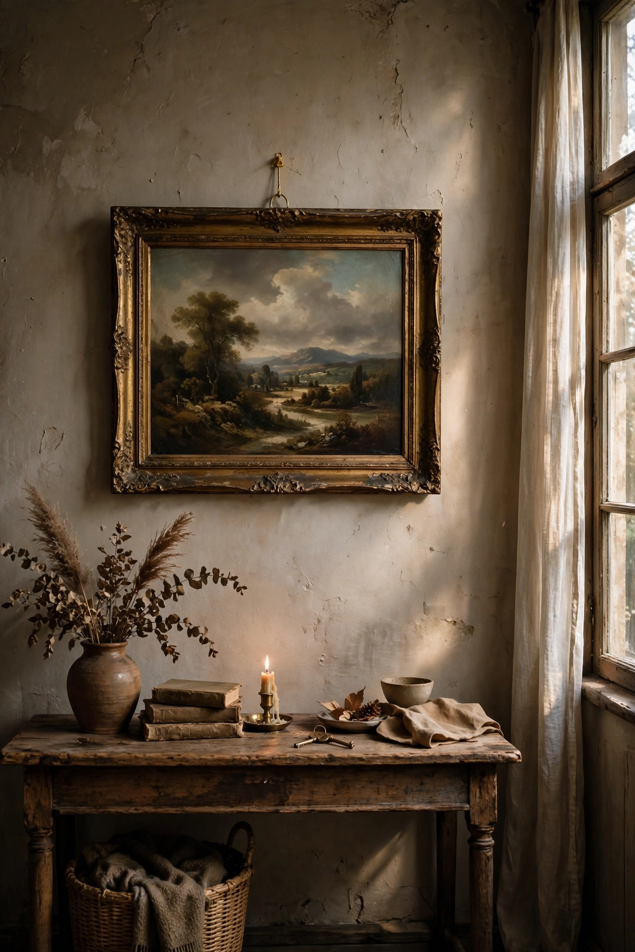 Thrifted vintage oil landscape painting in a gold frame over a console table