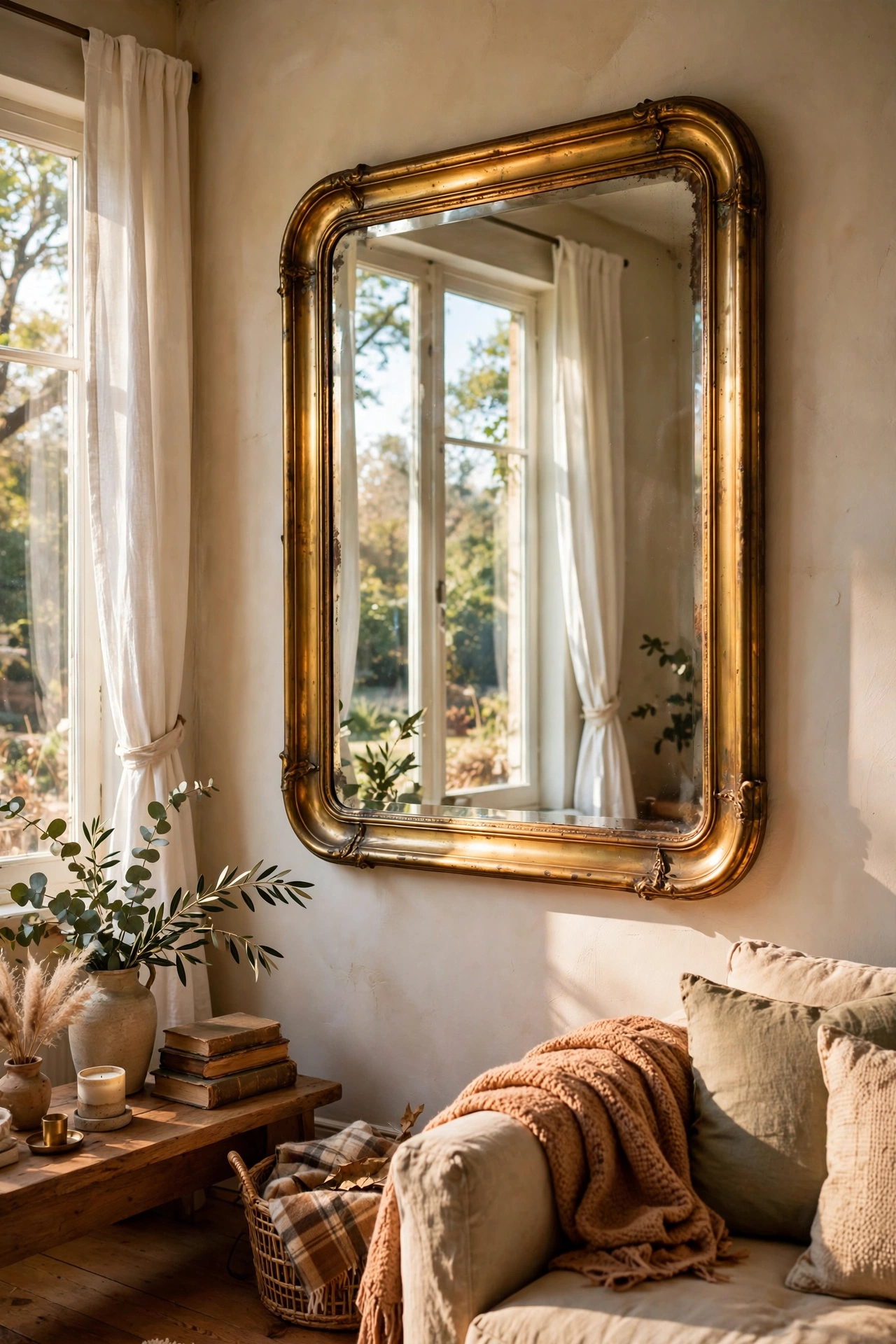 Large thrifted brass-framed mirror hung opposite a living room window