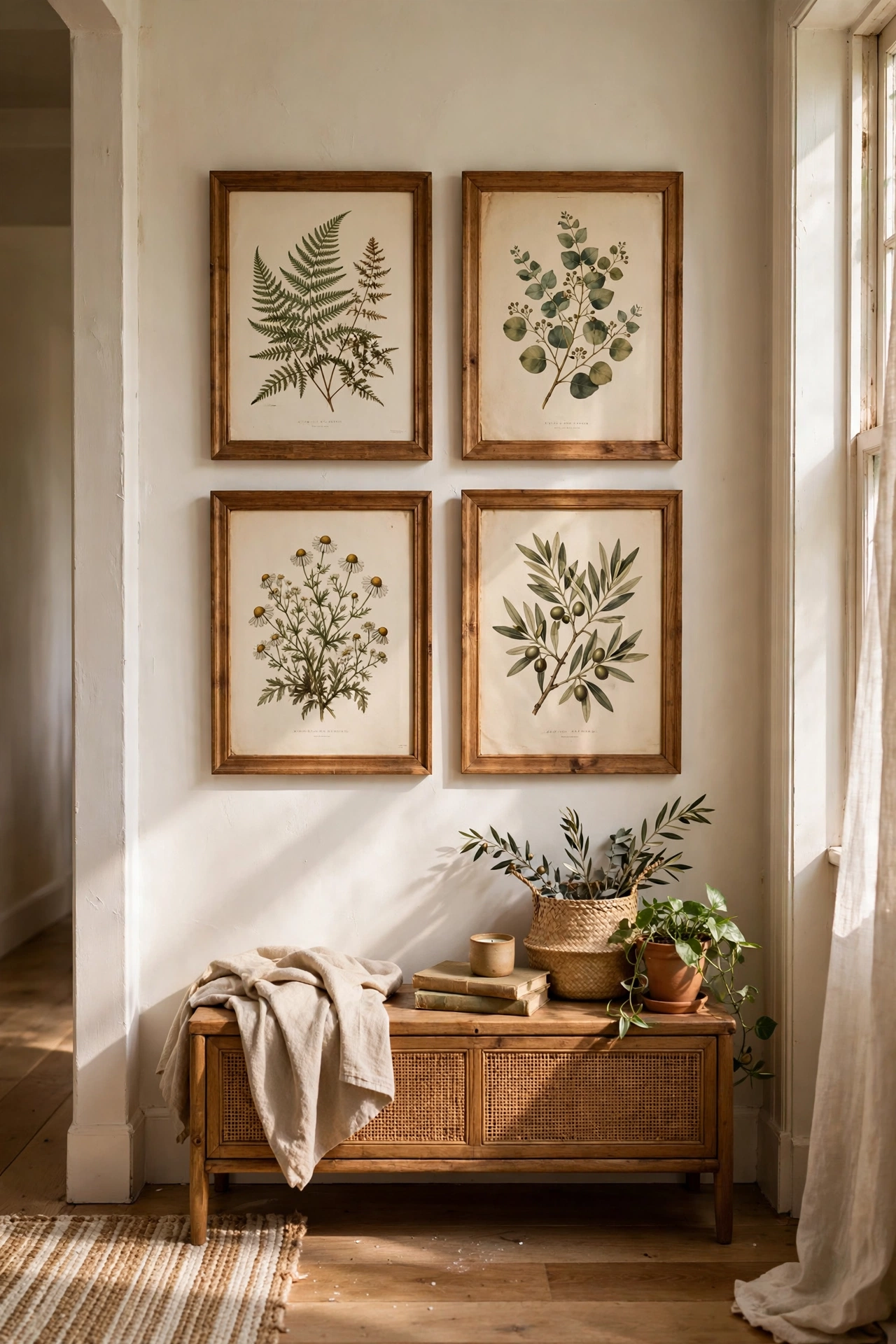 Set of four thrifted botanical prints in matching wood frames in a grid