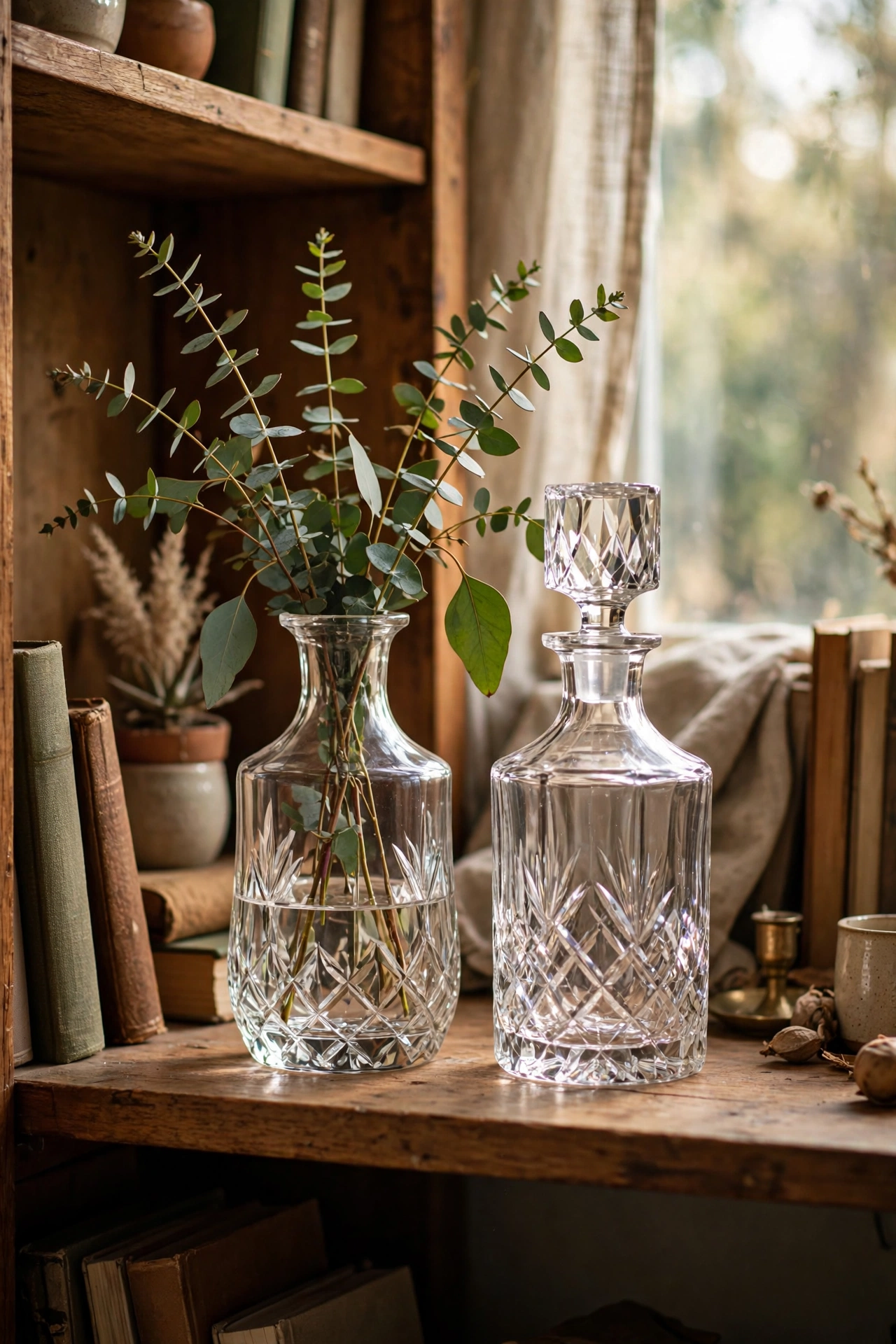 Cut-crystal thrifted decanters used as vases with eucalyptus on a bookshelf