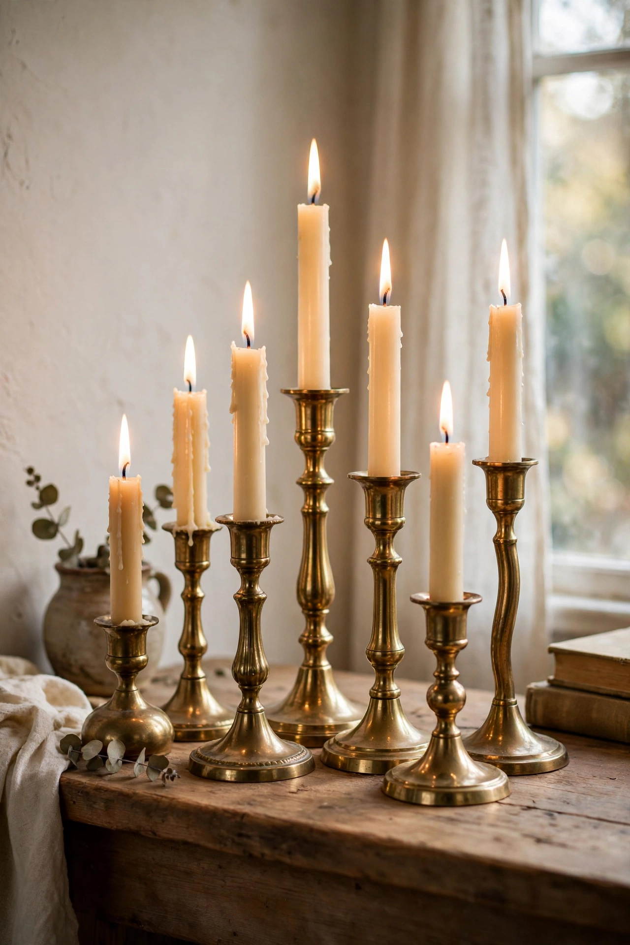 Collection of thrifted brass candlesticks at varied heights on a mantel
