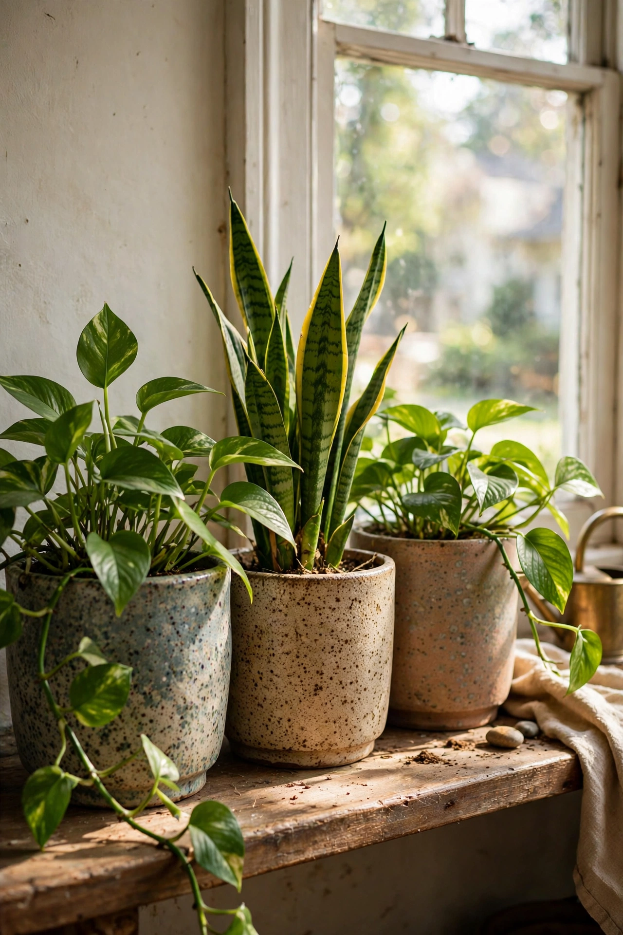 Thrifted ceramic planters in speckled glazes holding houseplants on a windowsill