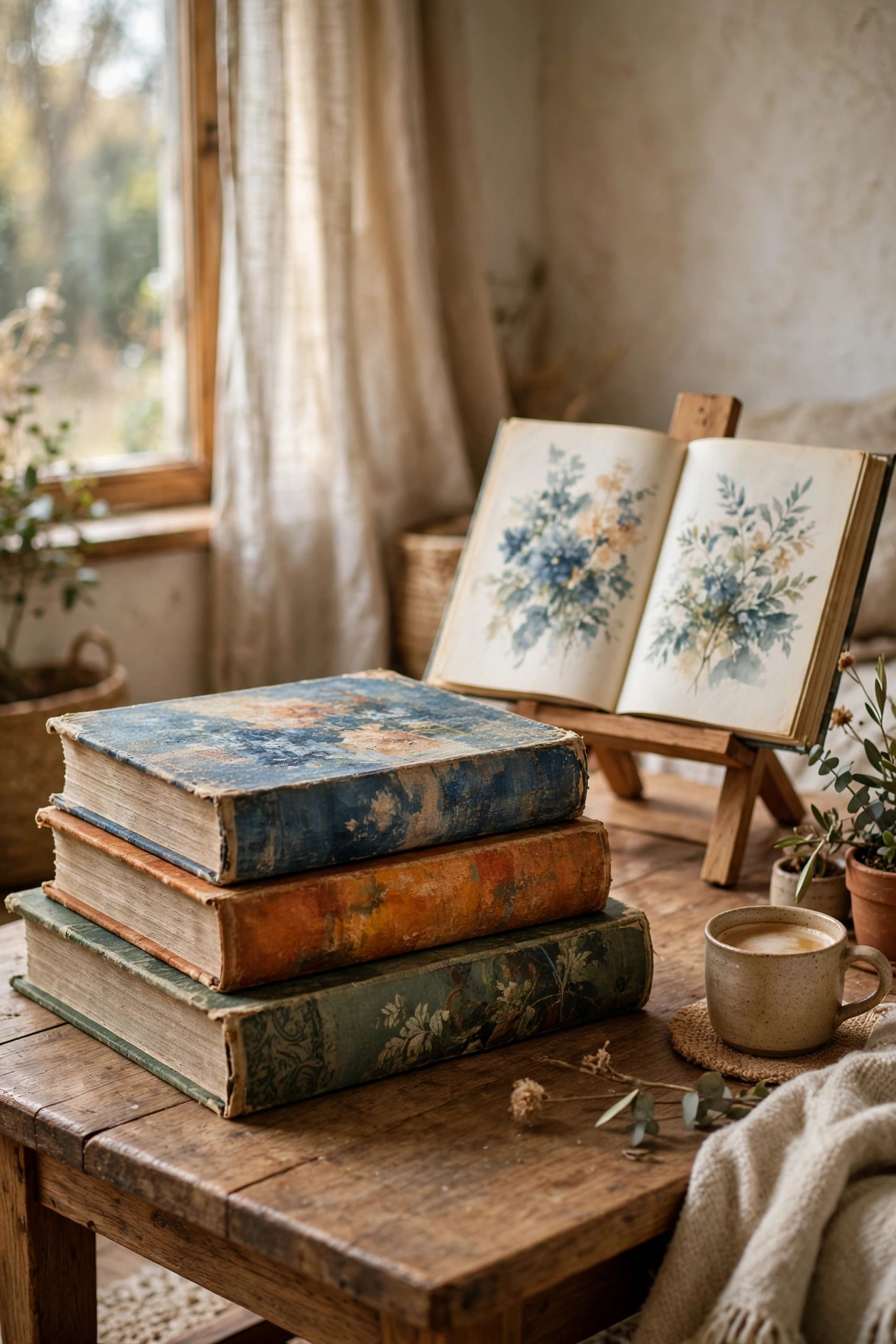 Stack of thrifted oversized art books styled on a living room coffee table
