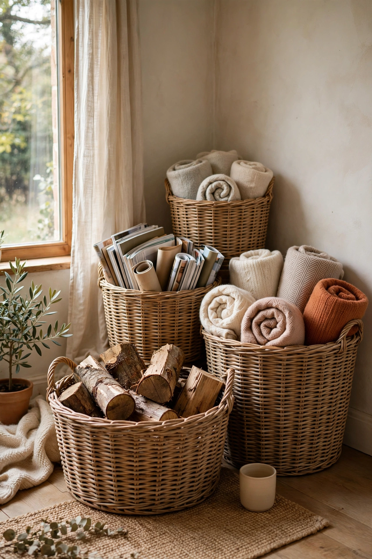 Graduated wicker thrifted baskets holding throws and magazines in a living room