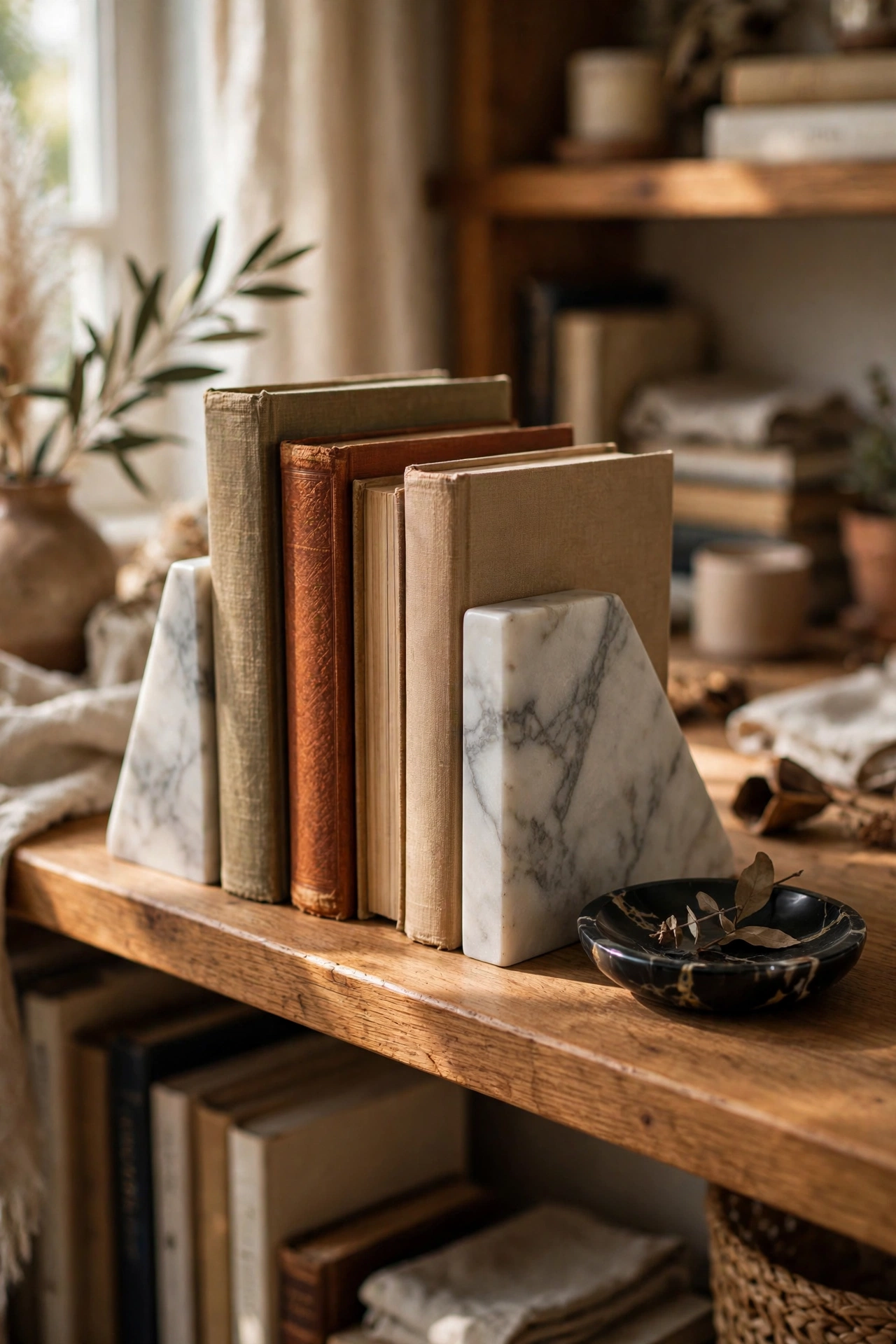Thrifted marble bookends and a small onyx dish styling a living room bookshelf