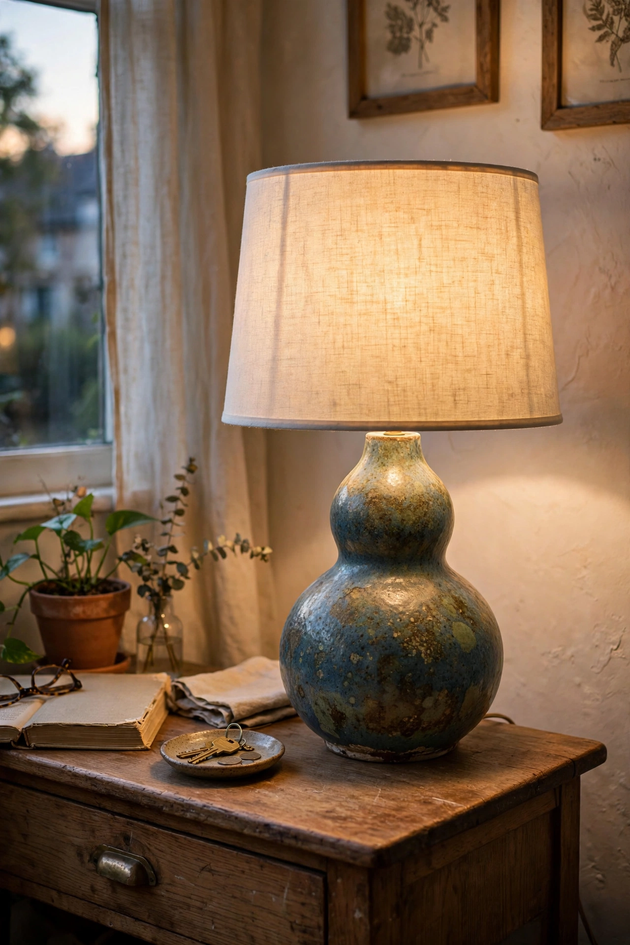 Thrifted ceramic gourd lamp rewired with a new linen shade on a console table