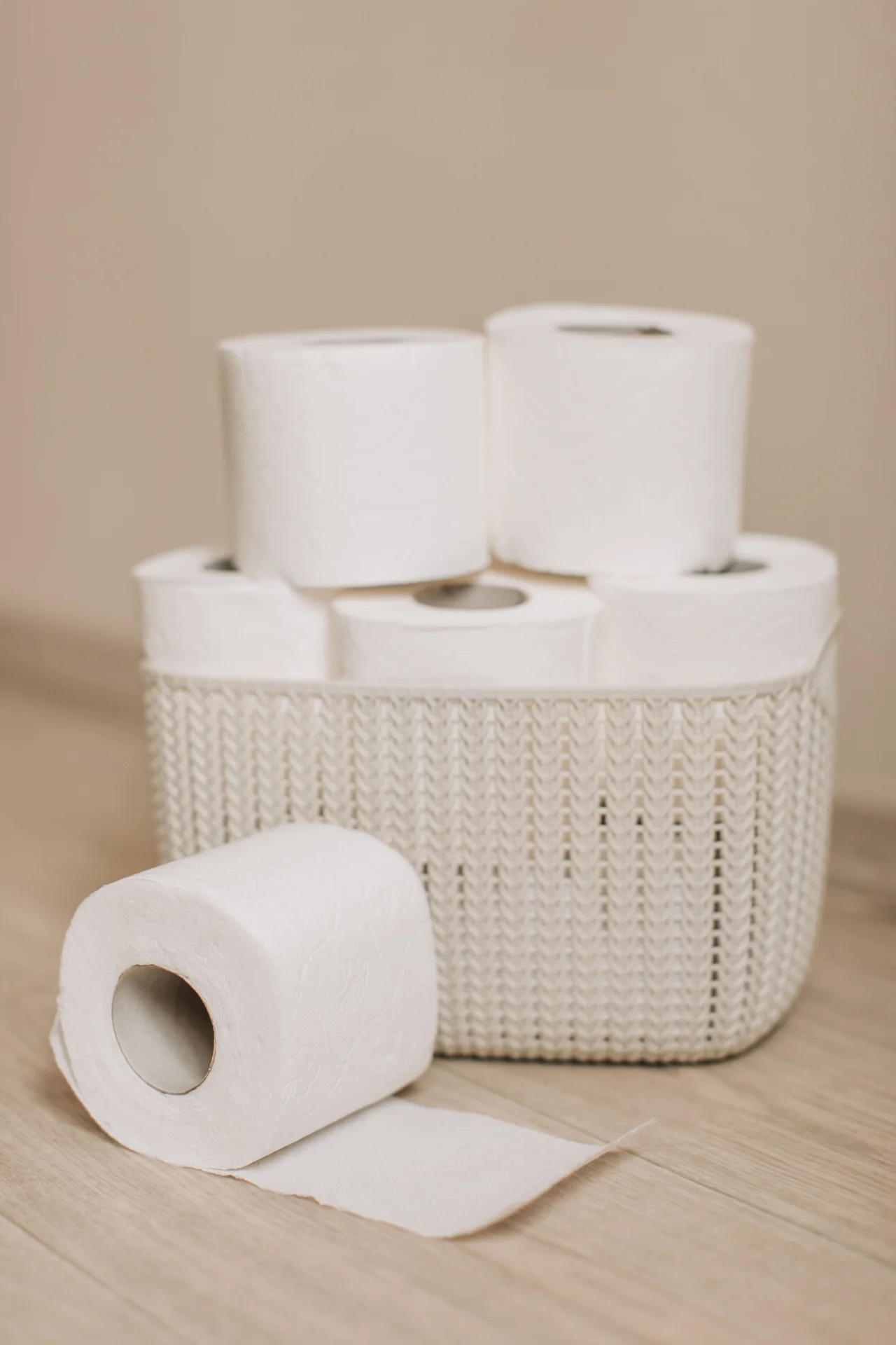 Narrow basket with toilet paper rolls between toilet and tub