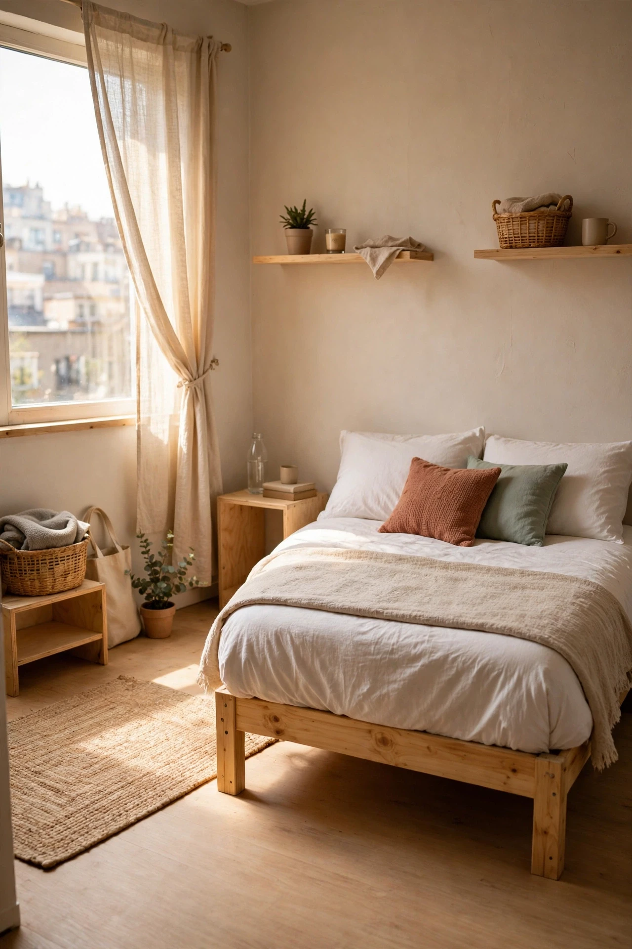 Small apartment bedroom with bed pushed against the longest wall and clear floor space