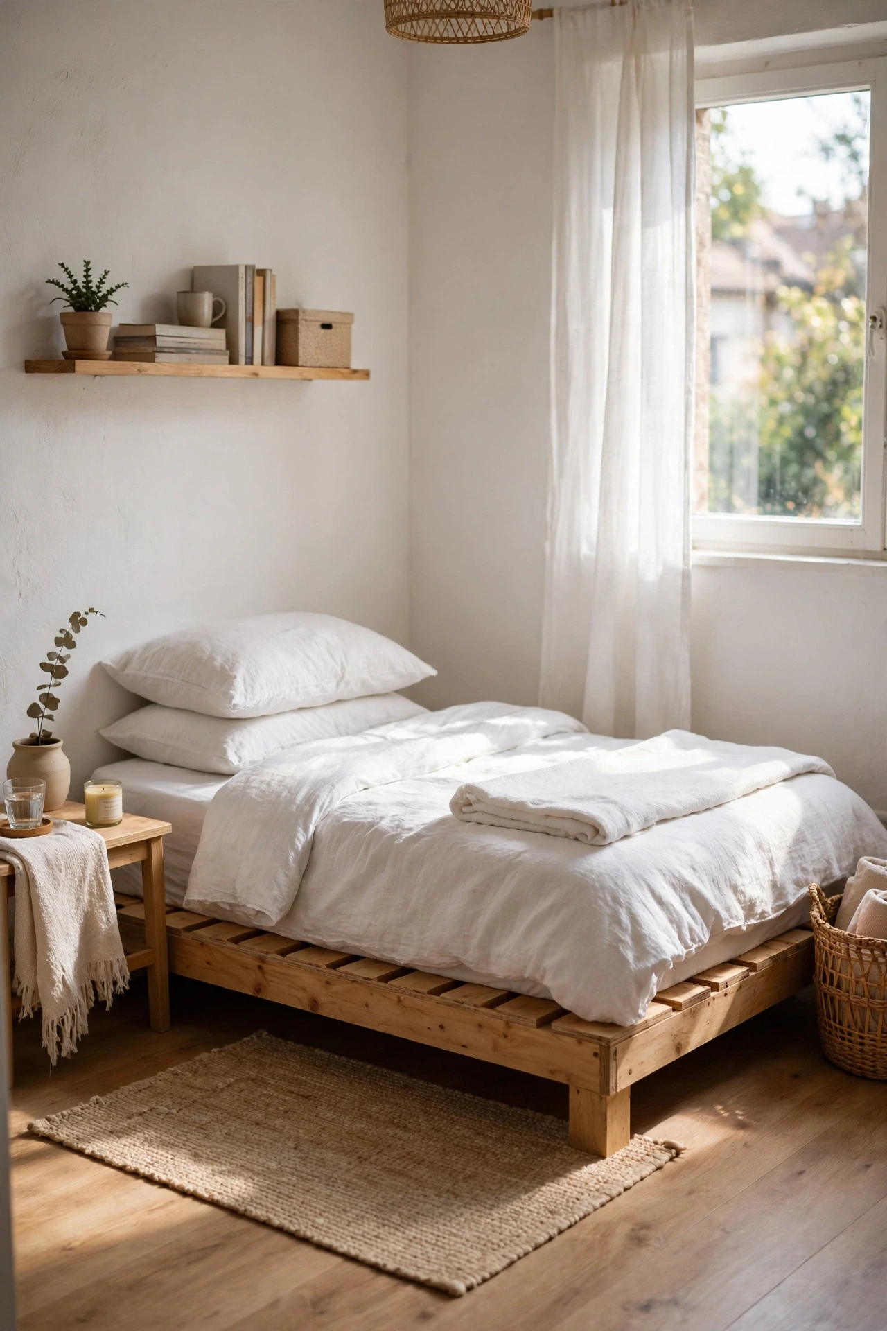 Low wooden platform bed with white bedding in a small bright bedroom