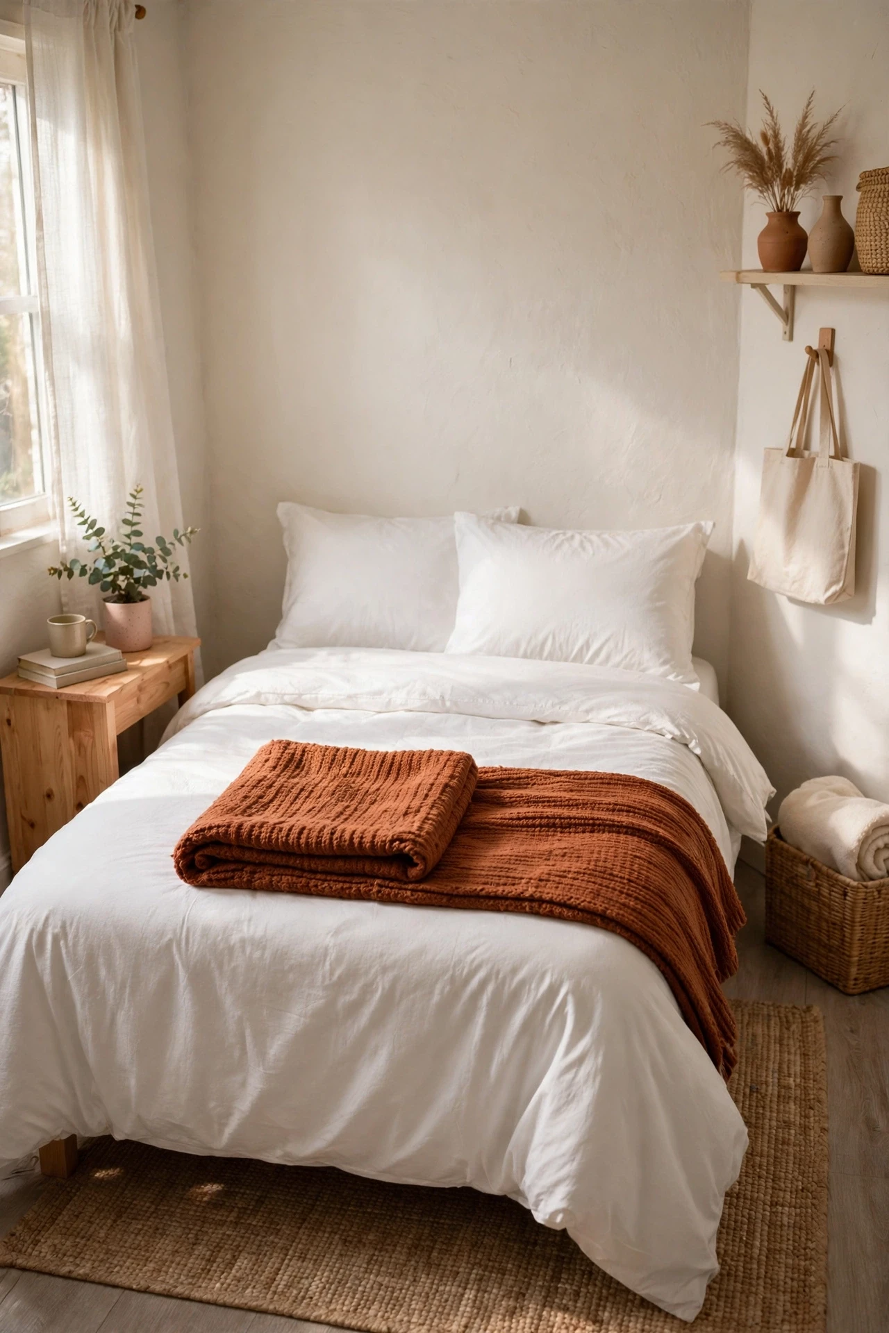 Bed with crisp white bedding and a rust textured throw in a small bedroom