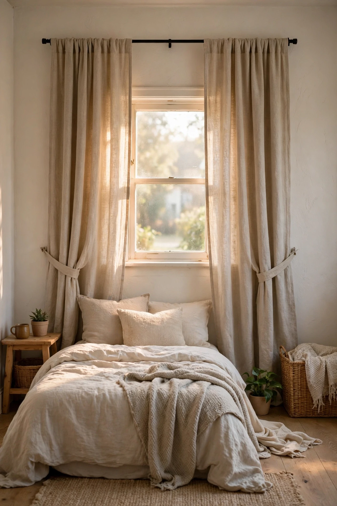 Floor-length linen curtains hung high above a small bedroom window