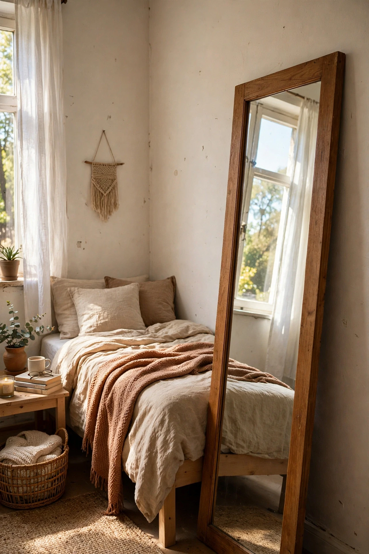 Tall framed mirror reflecting window light in a small apartment bedroom