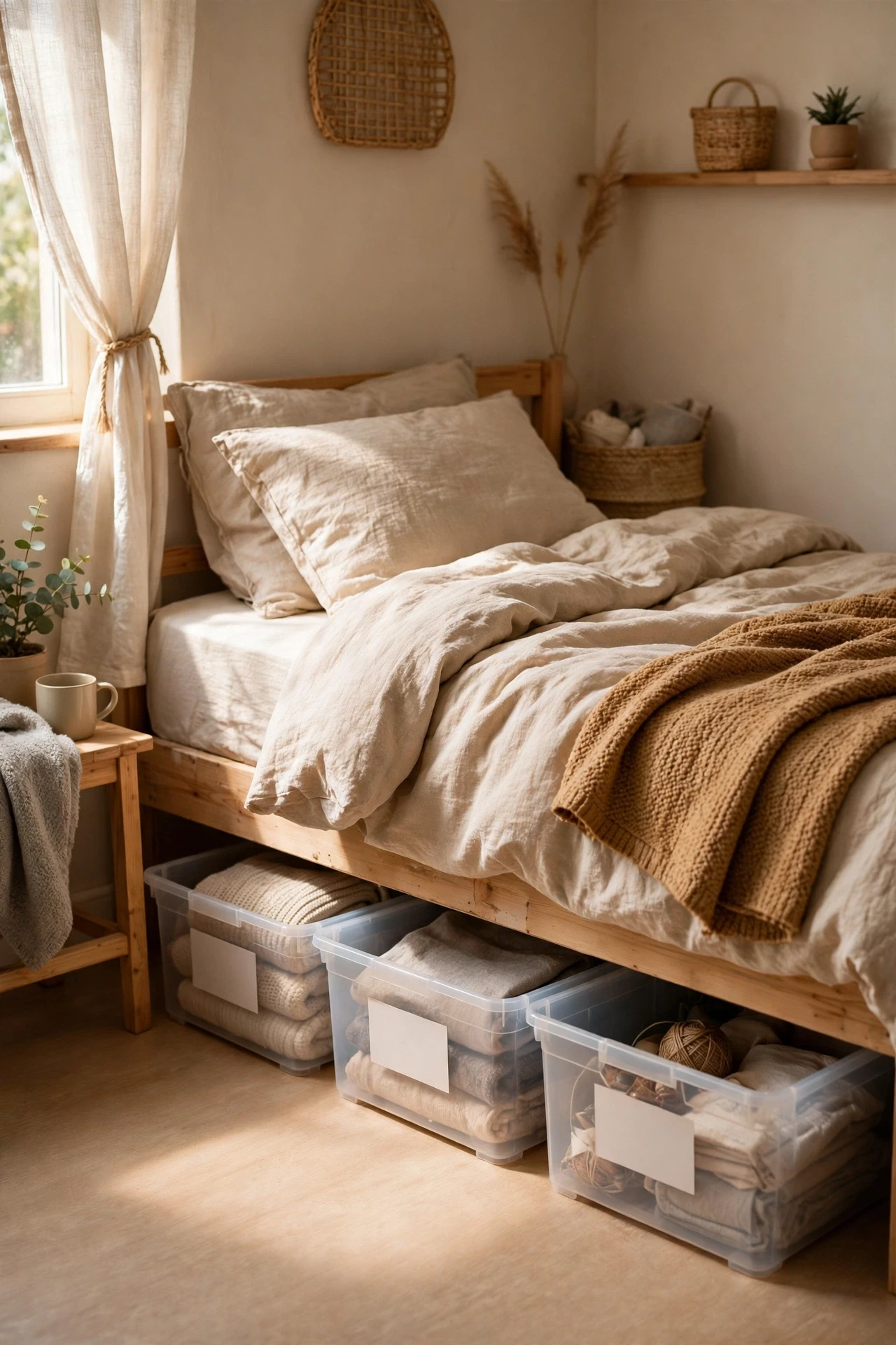Flat labelled storage bins sliding under a bed in a small bedroom