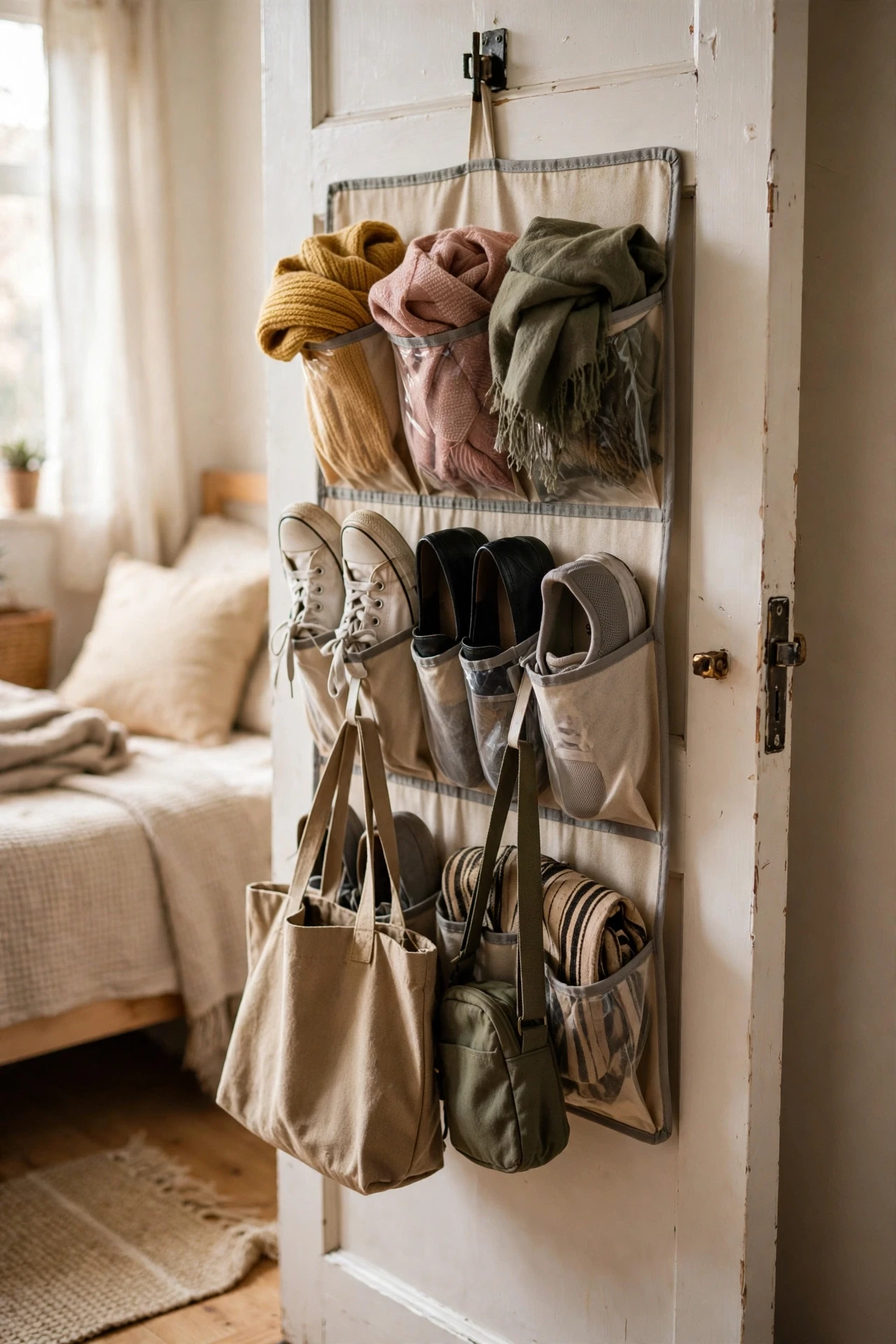 Over-door organizer with shoes scarves and bags on a bedroom door