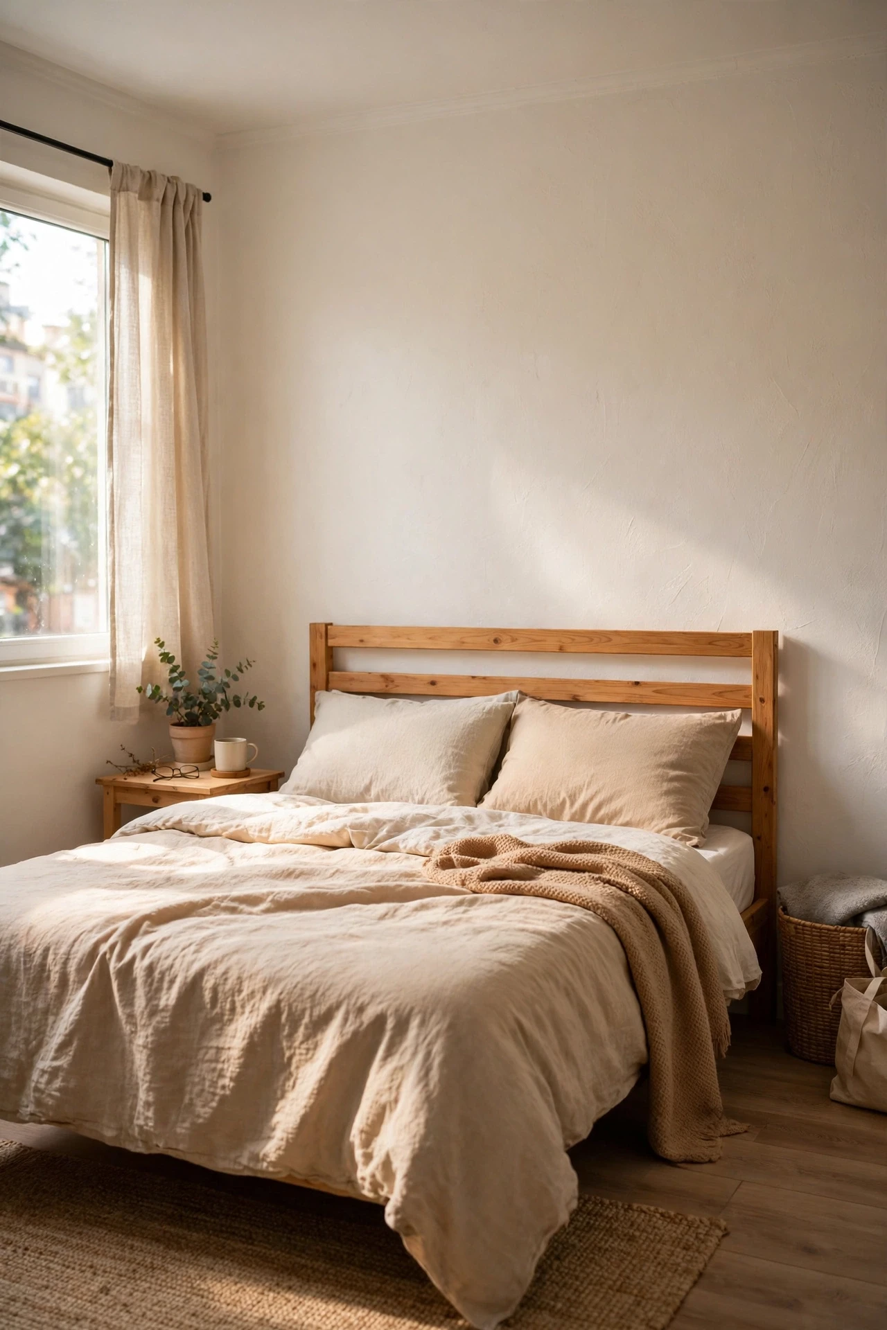 Warm white accent wall behind a bed with wooden headboard in a small bedroom