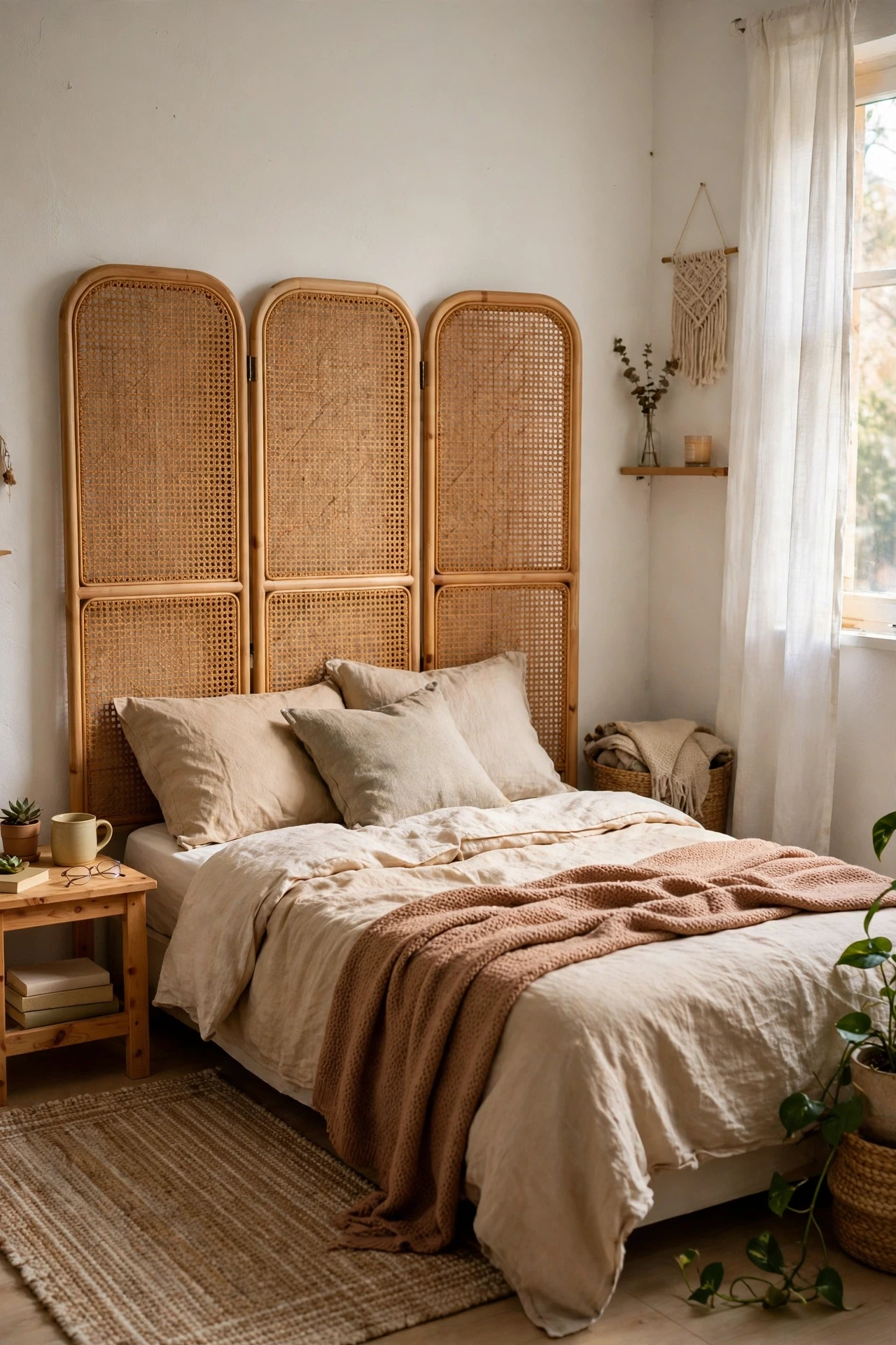 Three-panel folding screen behind a bed in a small studio bedroom
