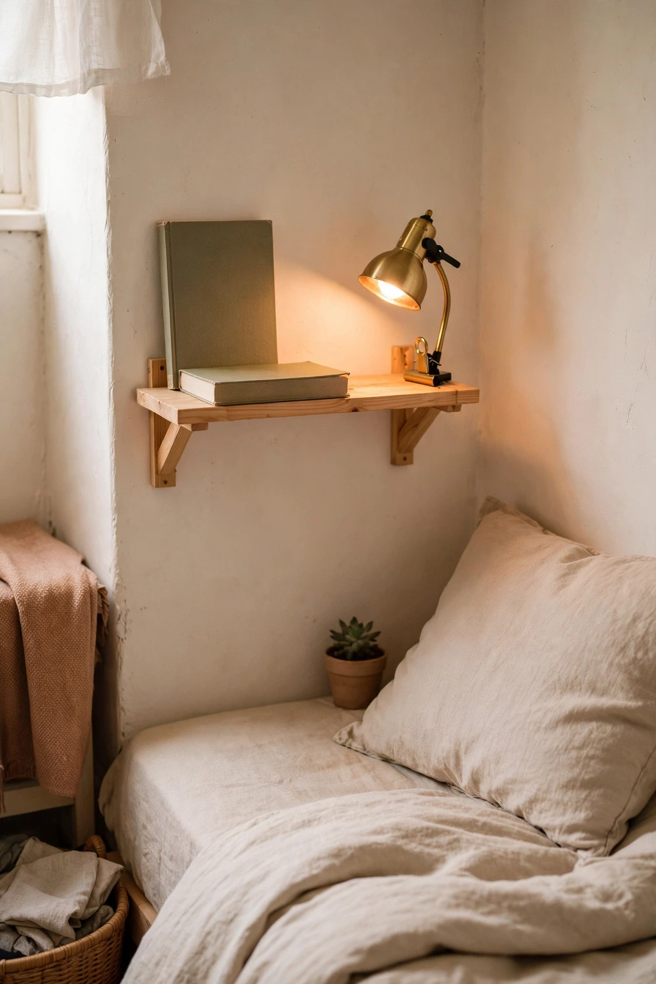 Small wall shelf with a book and clip-on light beside a bed