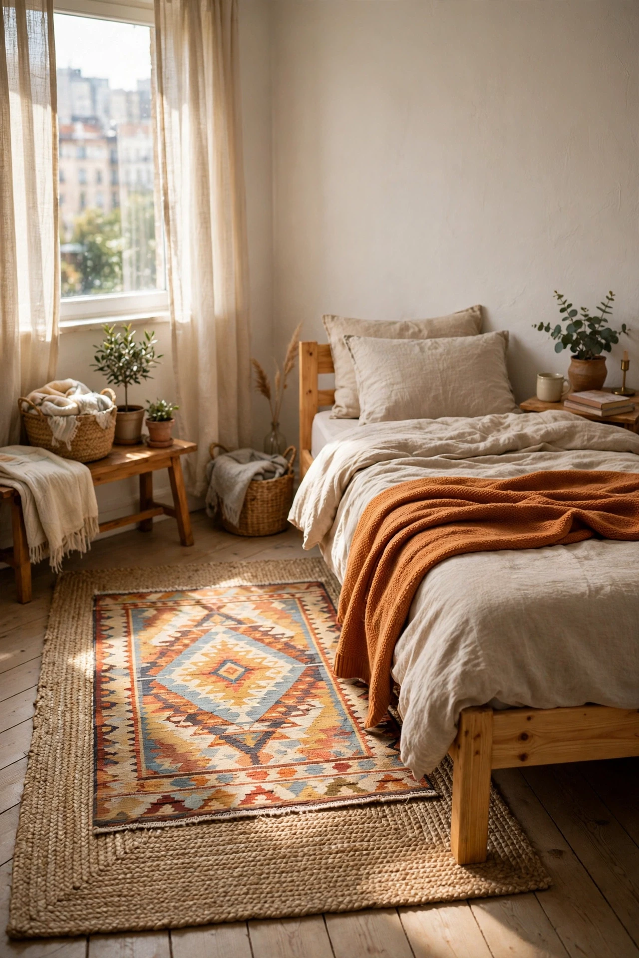 Two layered rugs beside a bed in a small apartment bedroom