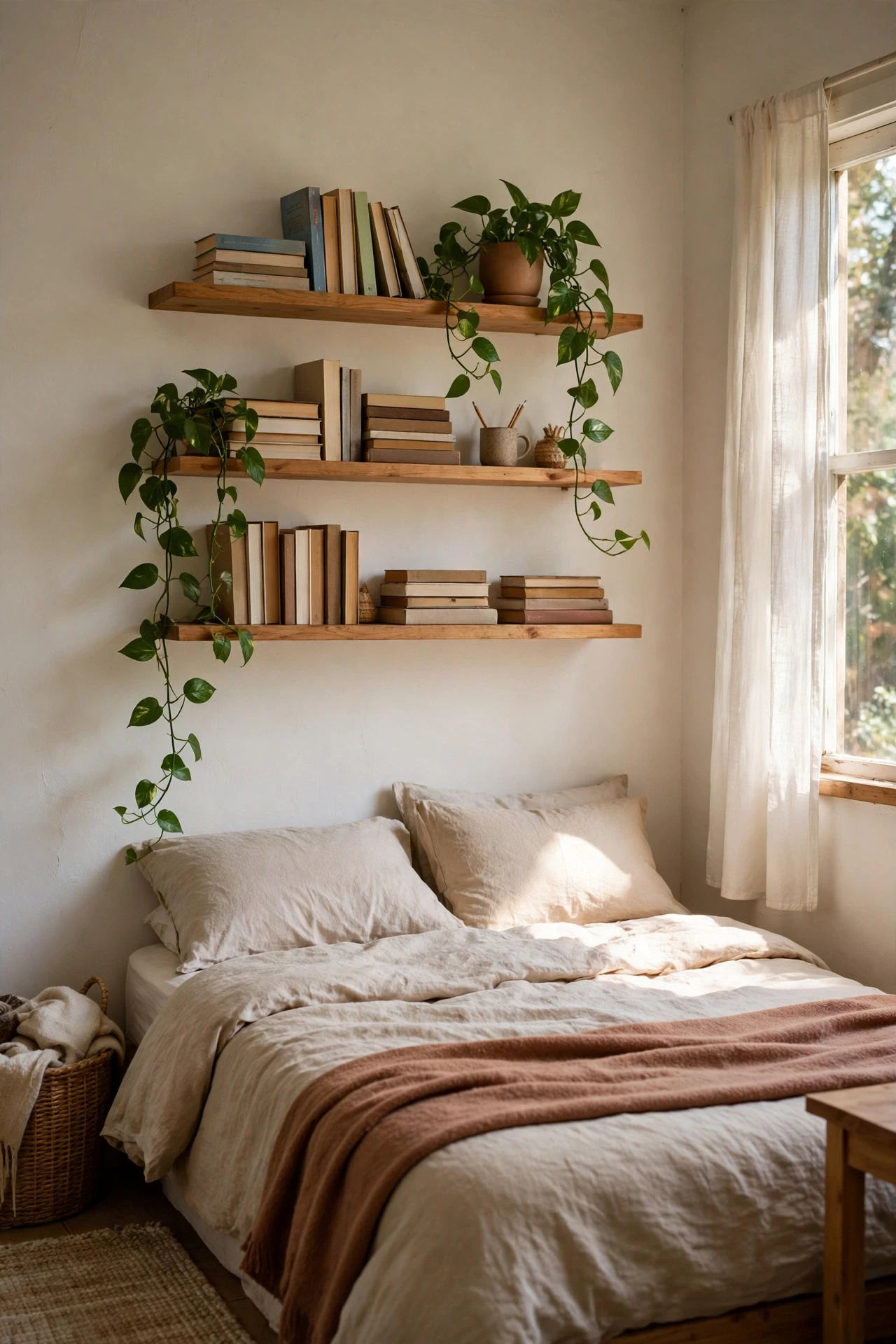 Floating shelves with books and a trailing plant above a bed