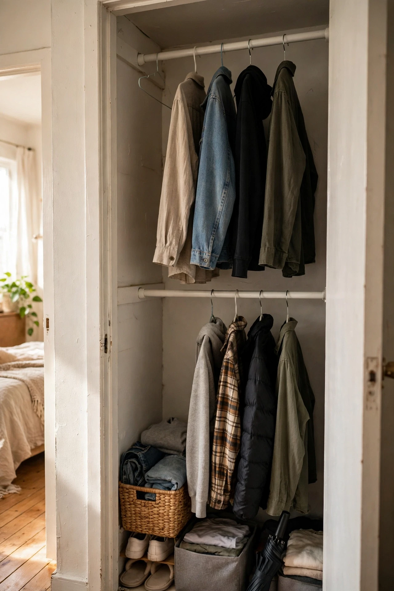 Small closet with two tension rods doubling hanging space for shirts